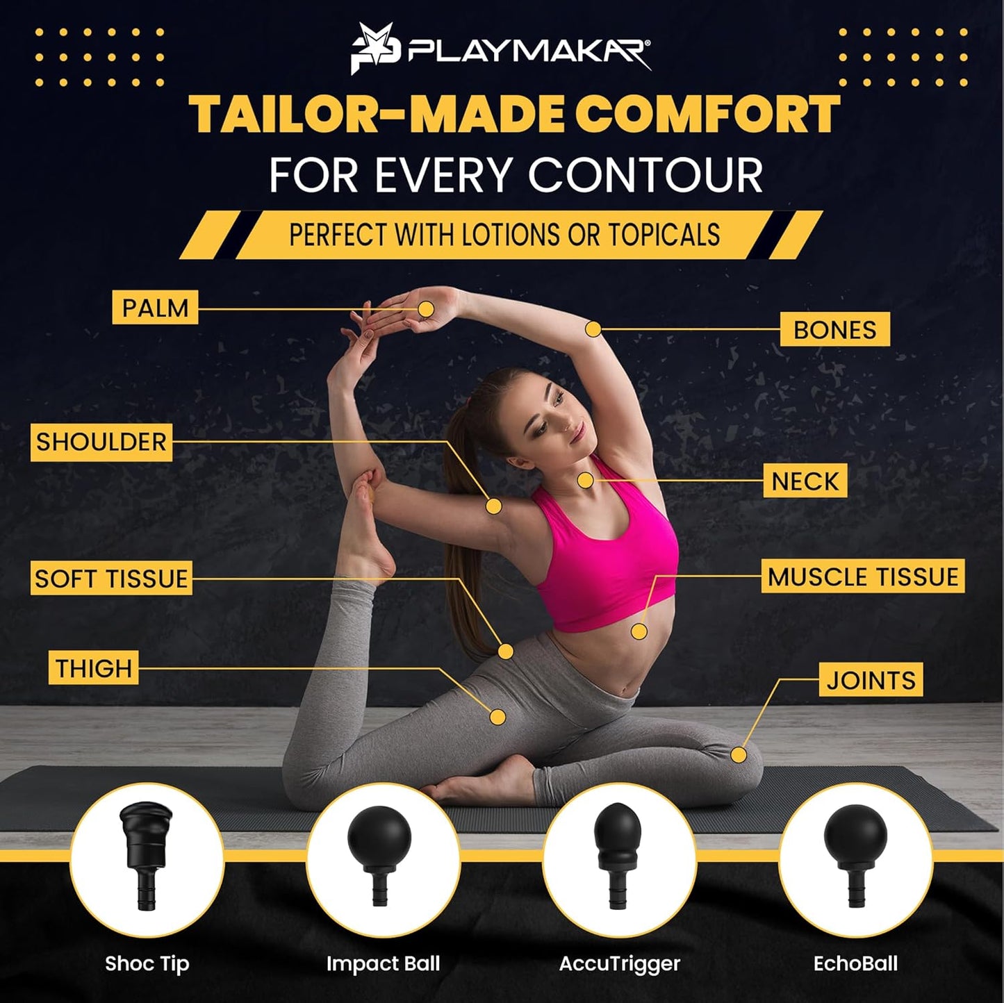 A woman in workout clothes stretches on a mat, surrounded by muscle relief diagrams. Four MVPmini Percussion Massage System heads—Shoc Tip, Impact Ball, AccuTrigger, and EchoBall by iReliev—offer versatile, portable comfort.