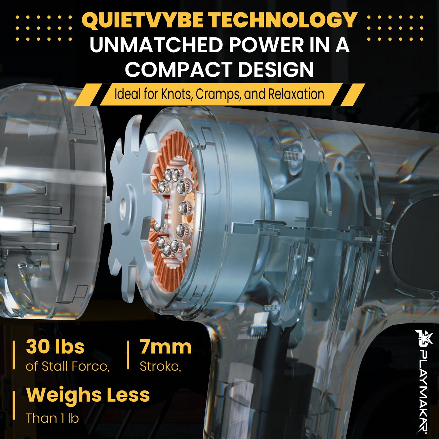 The iReliev MVPmini Percussion Massage System features a transparent, compact design revealing its orange and silver motor. It delivers 30 lbs stall force, 7mm stroke, under 1 lb weight, and QuietVybe tech for knot, cramp, and muscle relief.