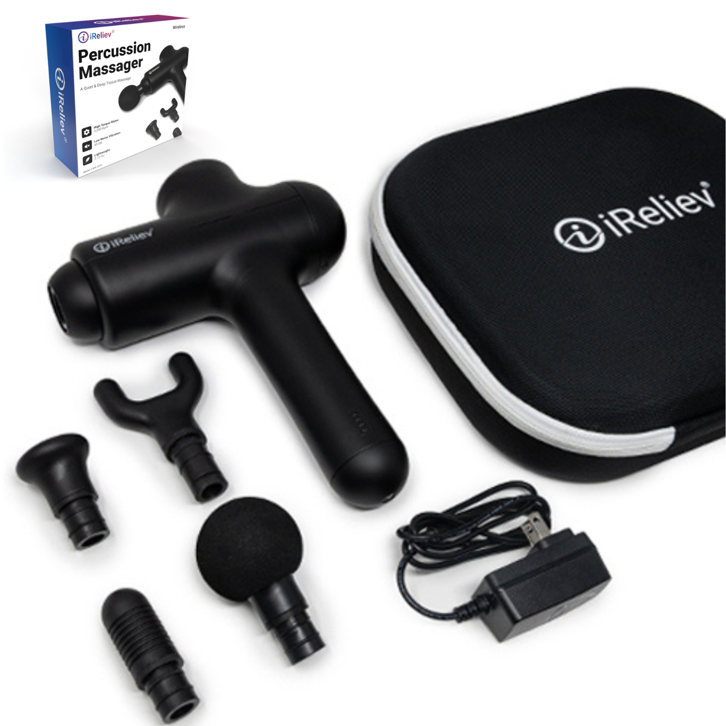 A black iReliev Percussion Massage Gun is displayed with four interchangeable heads, a carrying case, charger, and its box—everything arranged on a white surface to promote increased blood flow.