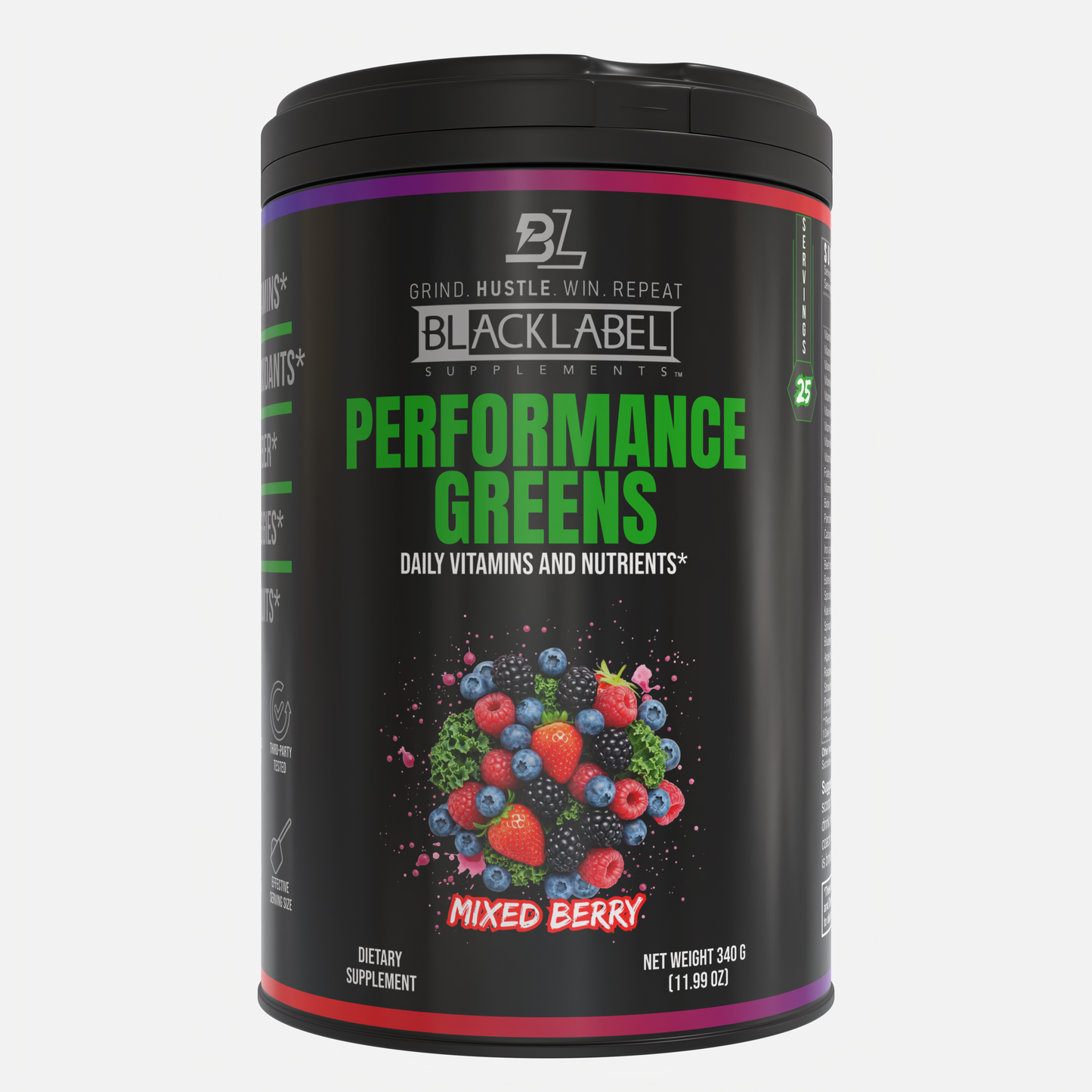 A black container of BLACKLABEL Supplements PERFORMANCE GREENS features bold green and white text, with images of mixed berries and greens. This superfood powder is Mixed Berry flavored, provides daily vitamins and nutrients, and weighs 340g.