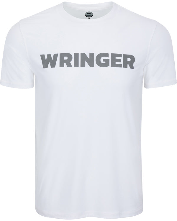 The Men's Short Sleeve WRINGER T-shirt by Wringer Wear features "WRINGER" in bold gray letters on the chest. This athletic fit, breathable performance tee is shown against a white background.