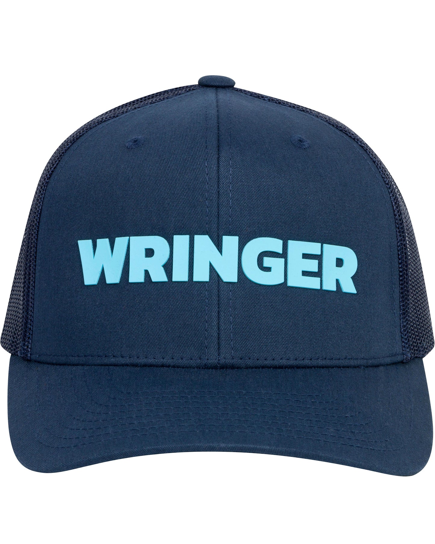 The Adjustable Mesh WRINGER Hat by Wringer Wear is a navy blue men's cap with black mesh sides and back, a curved bill, bold light blue WRINGER on the front, visible stitching, and an adjustable snapback closure for a perfect fit.