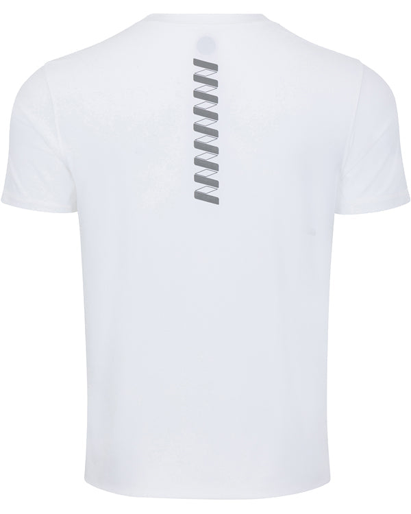 The image shows the back of the Men's Short Sleeve WRINGER T-shirt by Wringer Wear. It’s plain white with a vertical row of stylized, overlapping gray zigzag lines near the upper back and no other visible designs or text.