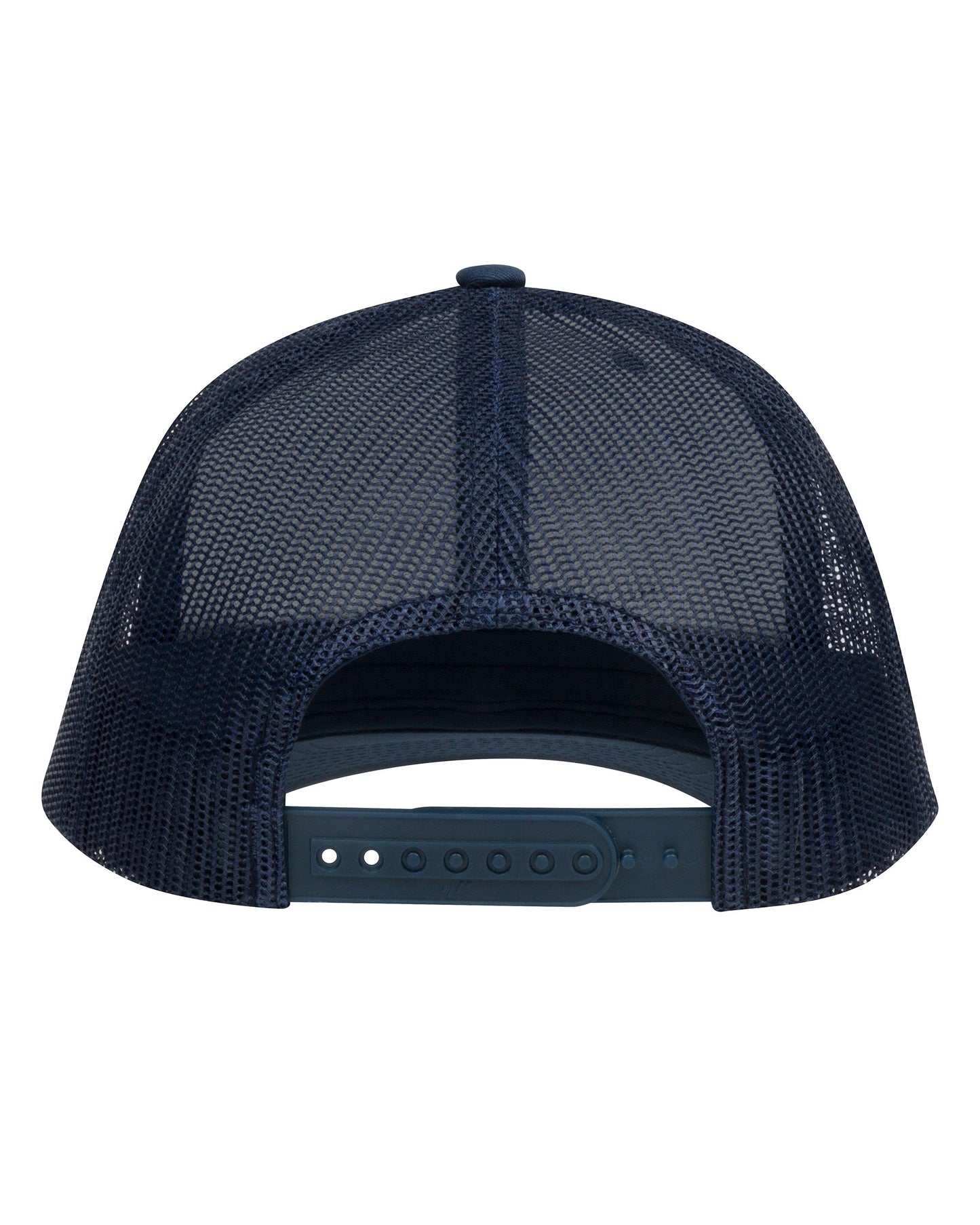 The Adjustable Mesh WRINGER Hat by Wringer Wear is a navy blue men's cap with a curved brim, small top button, plastic snapback closure, wide back opening, and breathable mesh panels for classic style and comfort.