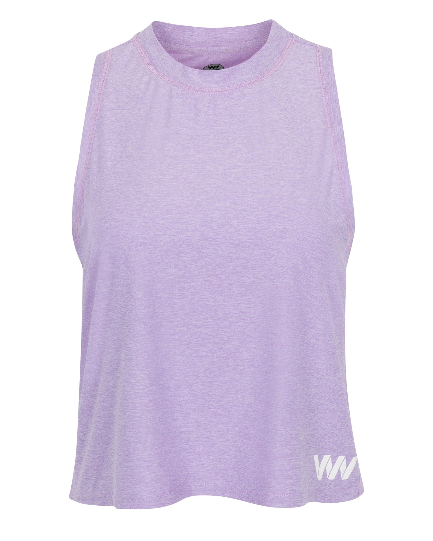 The Wringer Wear Women's Performance Logo Tank is a sleeveless lavender workout top with a crew neckline, loose fit, and moisture-wicking fabric. Features a small white "WW" logo near the hem. Shown on a plain white background.