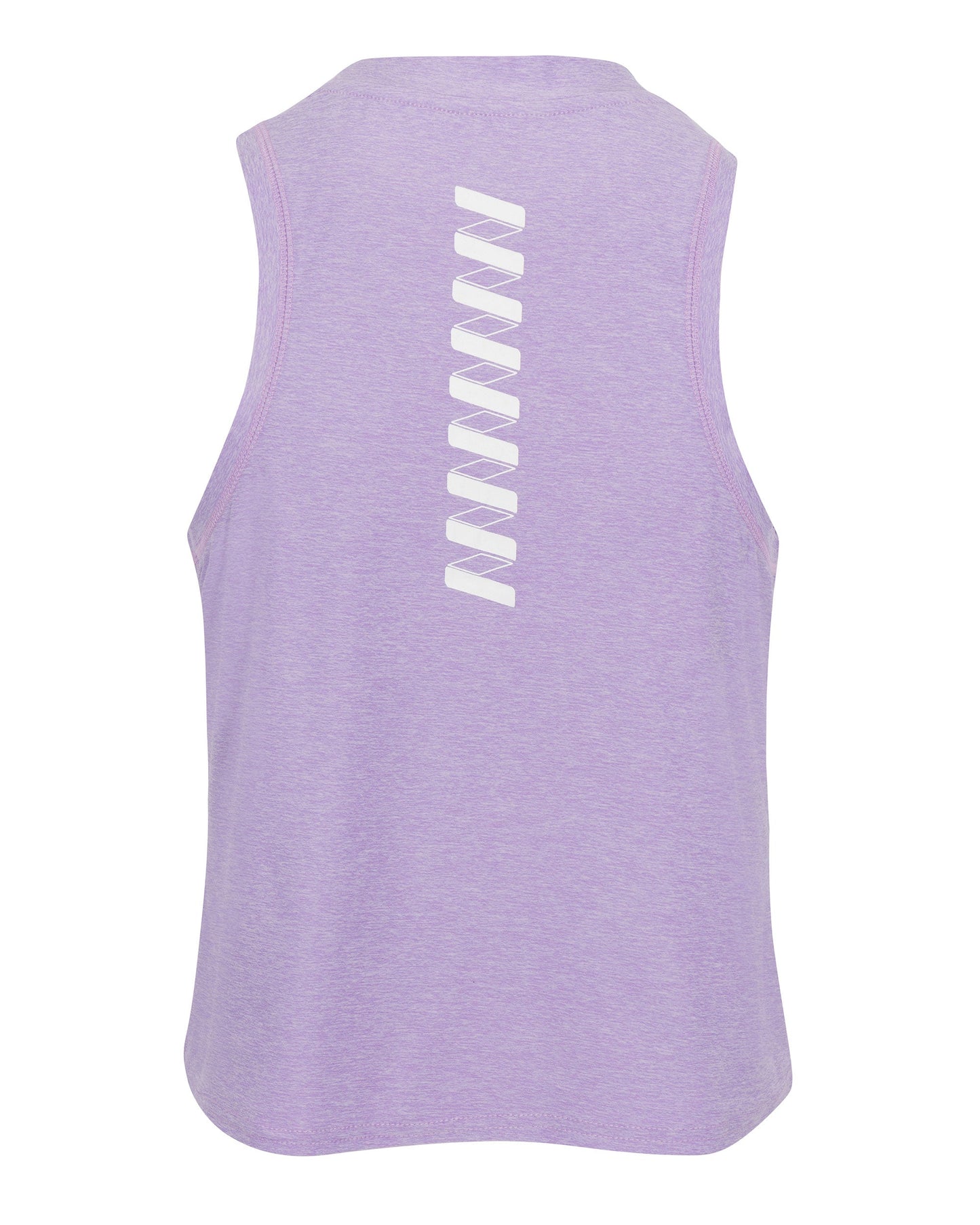 The back view shows the Wringer Wear Women's Performance Logo Tank in sleeveless lavender, featuring a row of white diagonal rectangles and made from soft, heathered, breathable fabric.