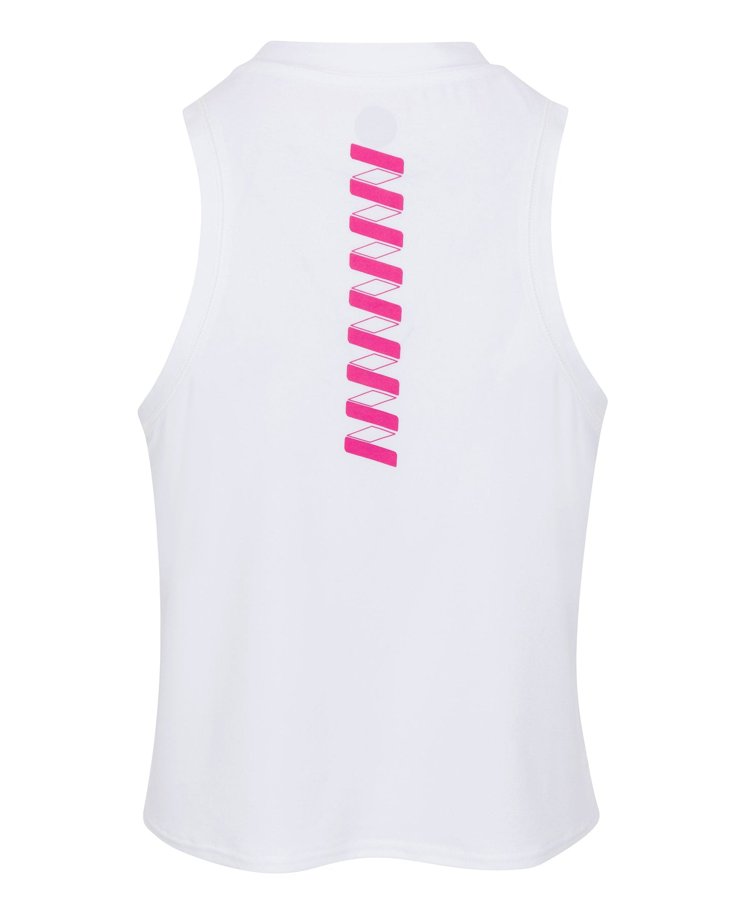 The Wringer Wear Women's Performance Logo Tank features a sleeveless white design with a vertical pink ribbon pattern down the back. Made from breathable fabric, it ensures comfort and standout style during every workout.