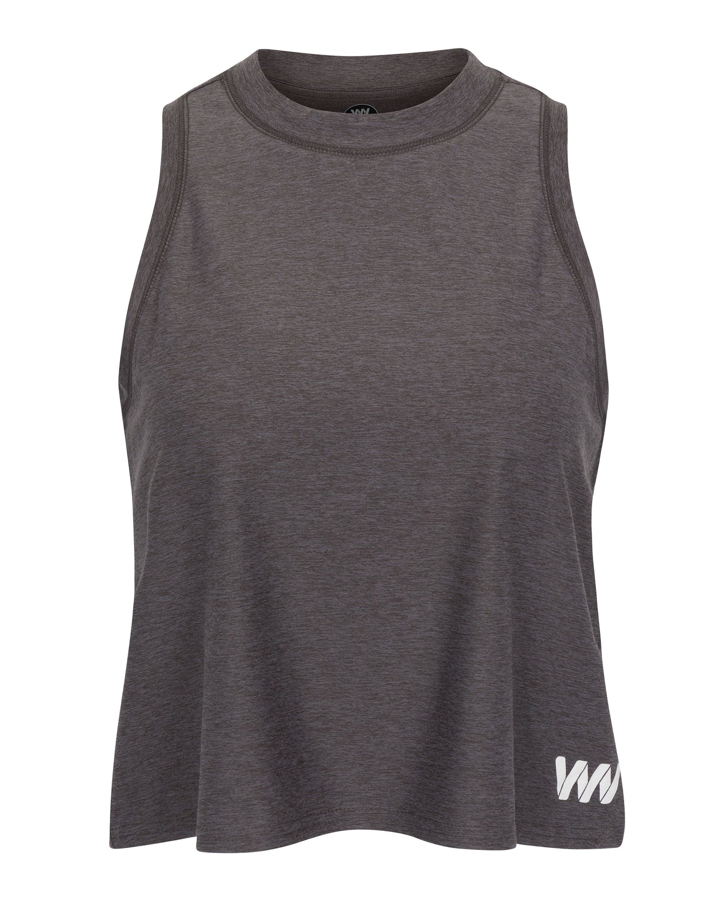 The Women's Performance Logo Tank by Wringer Wear is a sleeveless, loose-fit dark gray top with a high neckline, smooth lightweight fabric, and a small white WN logo near the hem on the lower left side. Back not shown.