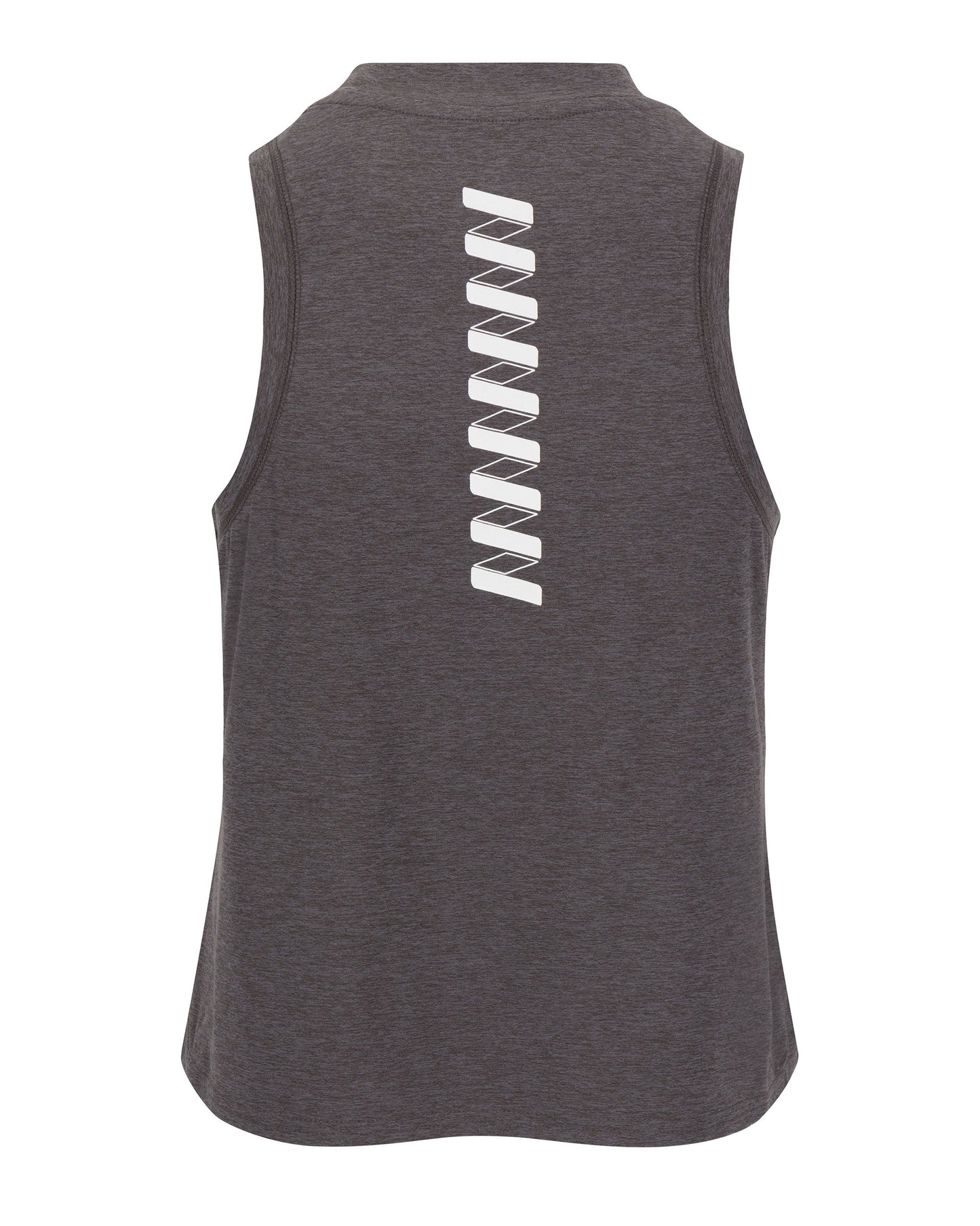 The Wringer Wear Women's Performance Wringer Tank is seen from the back in charcoal gray, featuring a vertical row of white geometric bars down the center. Crafted with breathable fabric, this sleeveless activewear tank ensures comfort.