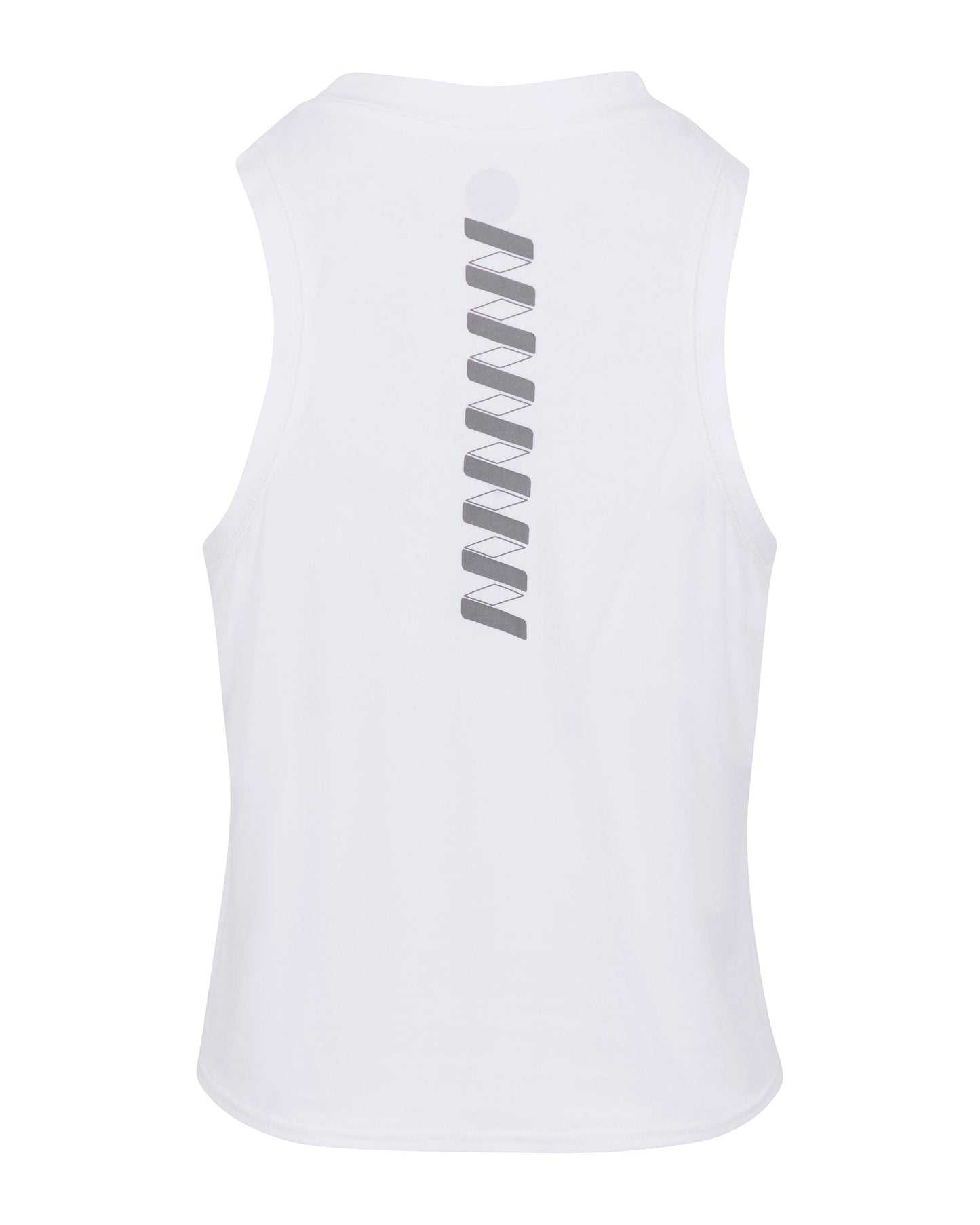 The image shows the back of the Wringer Wear Women's Performance Wringer Tank in white, featuring a vertical reflective graphic with diagonal lines under a small circle near the upper back, set against a plain white background.