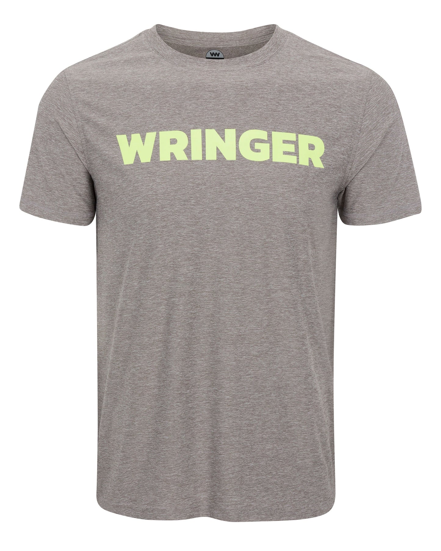The Men's Short Sleeve WRINGER T-shirt by Wringer Wear features a heather gray, breathable fabric and classic crew neck. "WRINGER" is boldly printed in light yellow-green capitals across the chest for a simple, active look.