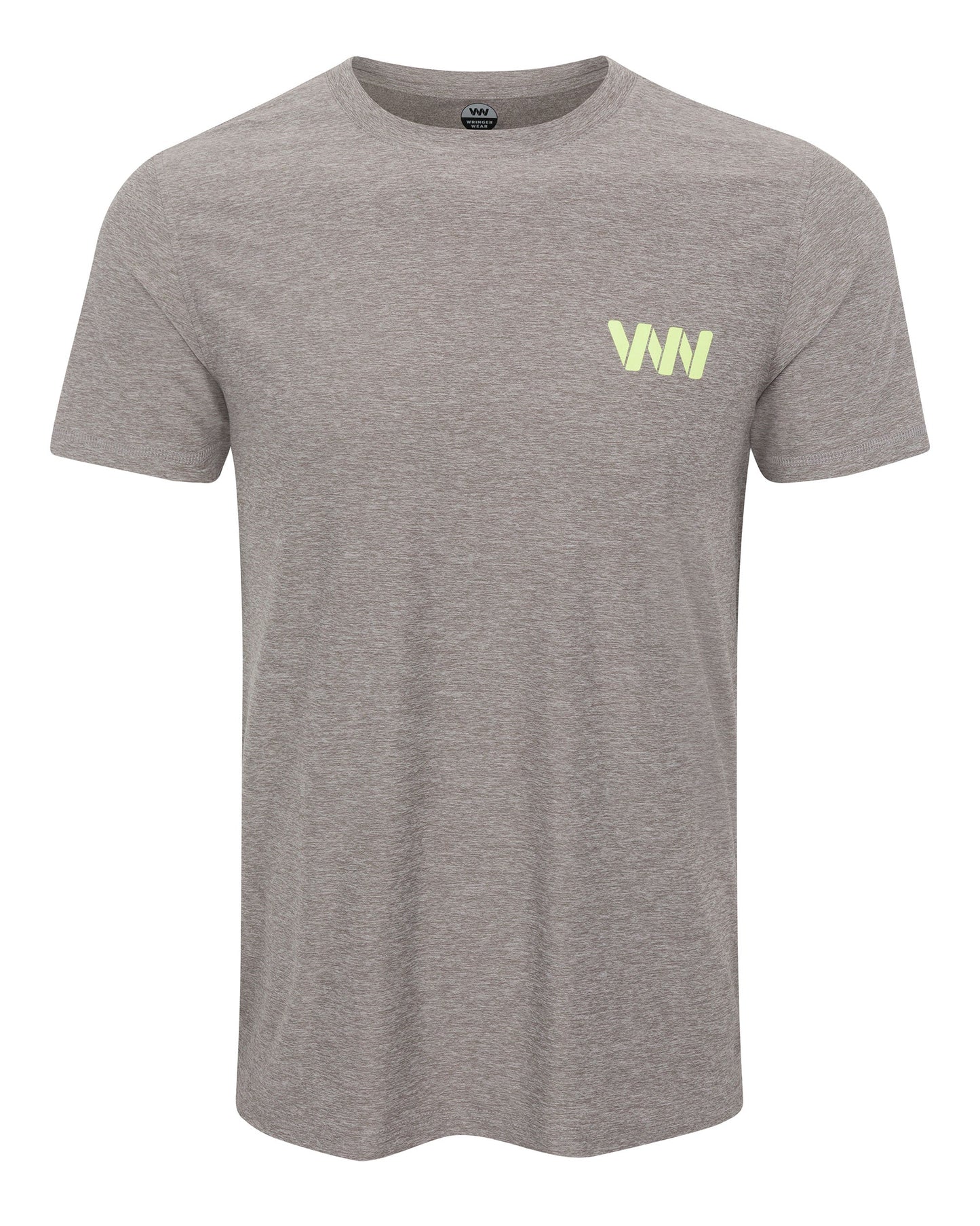 The Men’s Short Sleeve Logo T-shirt by Wringer Wear is a heather gray athletic tee featuring a small yellow VNI logo on the left chest, round neckline, and breathable fabric, with no other visible designs or patterns.