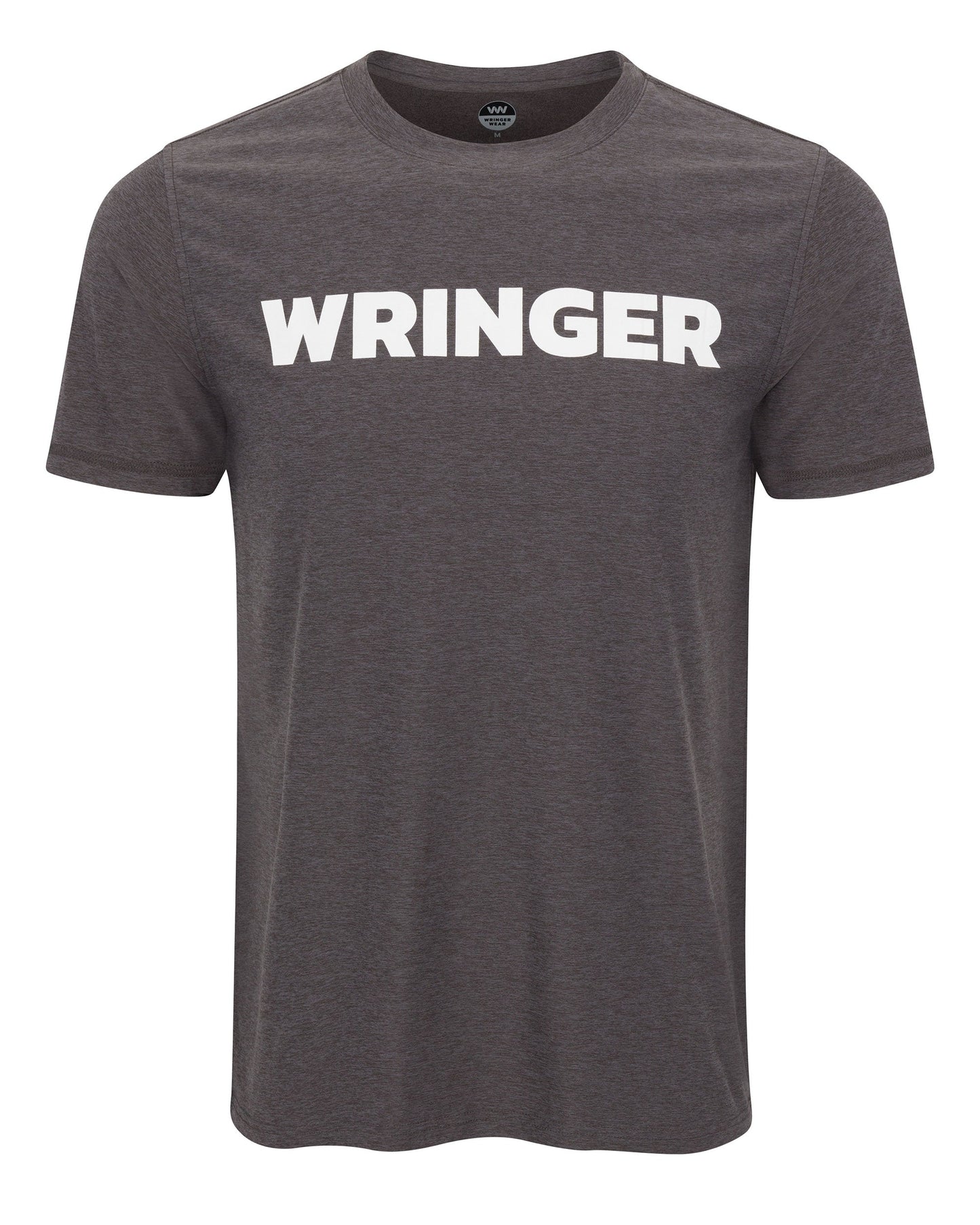 The Men's Short Sleeve WRINGER T-shirt by Wringer Wear is a gray performance tee with bold white "WRINGER" lettering across the chest, featuring short sleeves and a classic crew neckline. Displayed on a white background.