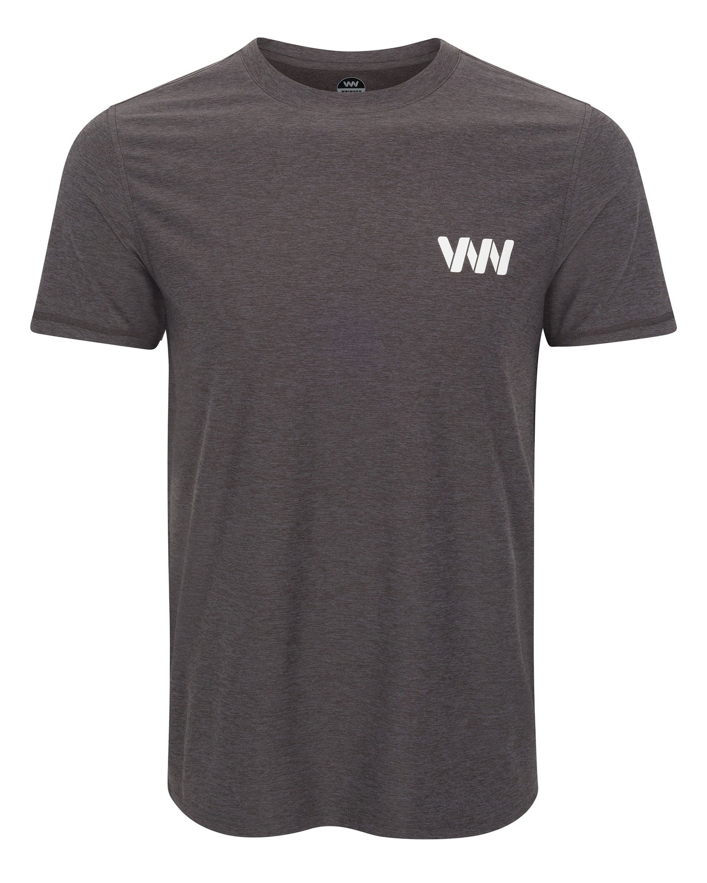 The Men's Short Sleeve Logo T-shirt by Wringer Wear features a fitted, dark gray design with a crew neck and short sleeves. A small white VNN logo appears on the left chest. The shirt is shown against a white background.