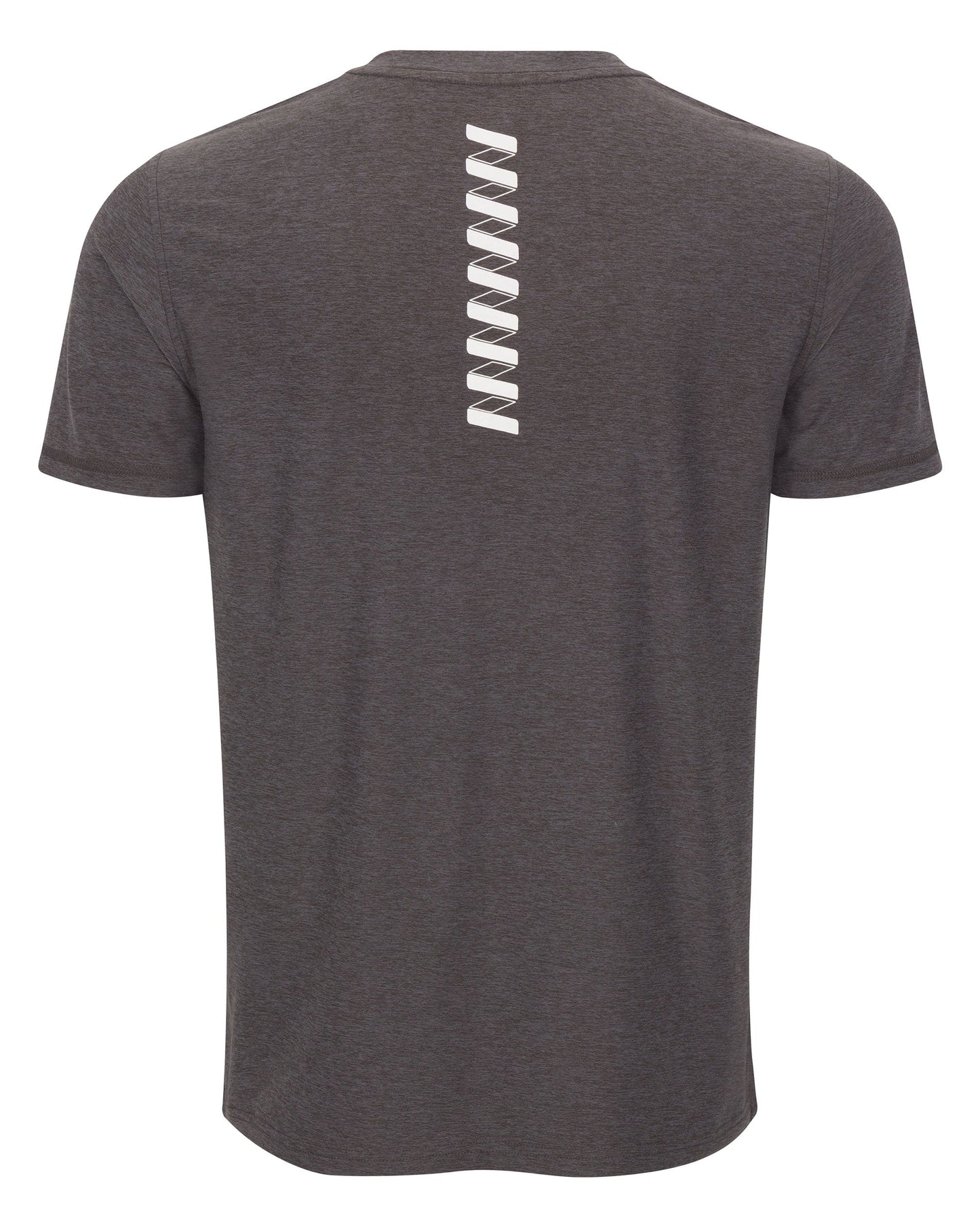 The Men's Short Sleeve WRINGER T-shirt by Wringer Wear is shown from the back in dark gray, featuring a vertical line of white zigzag symbols below the neckline. Made from breathable fabric, this performance tee offers a simple, casual design.