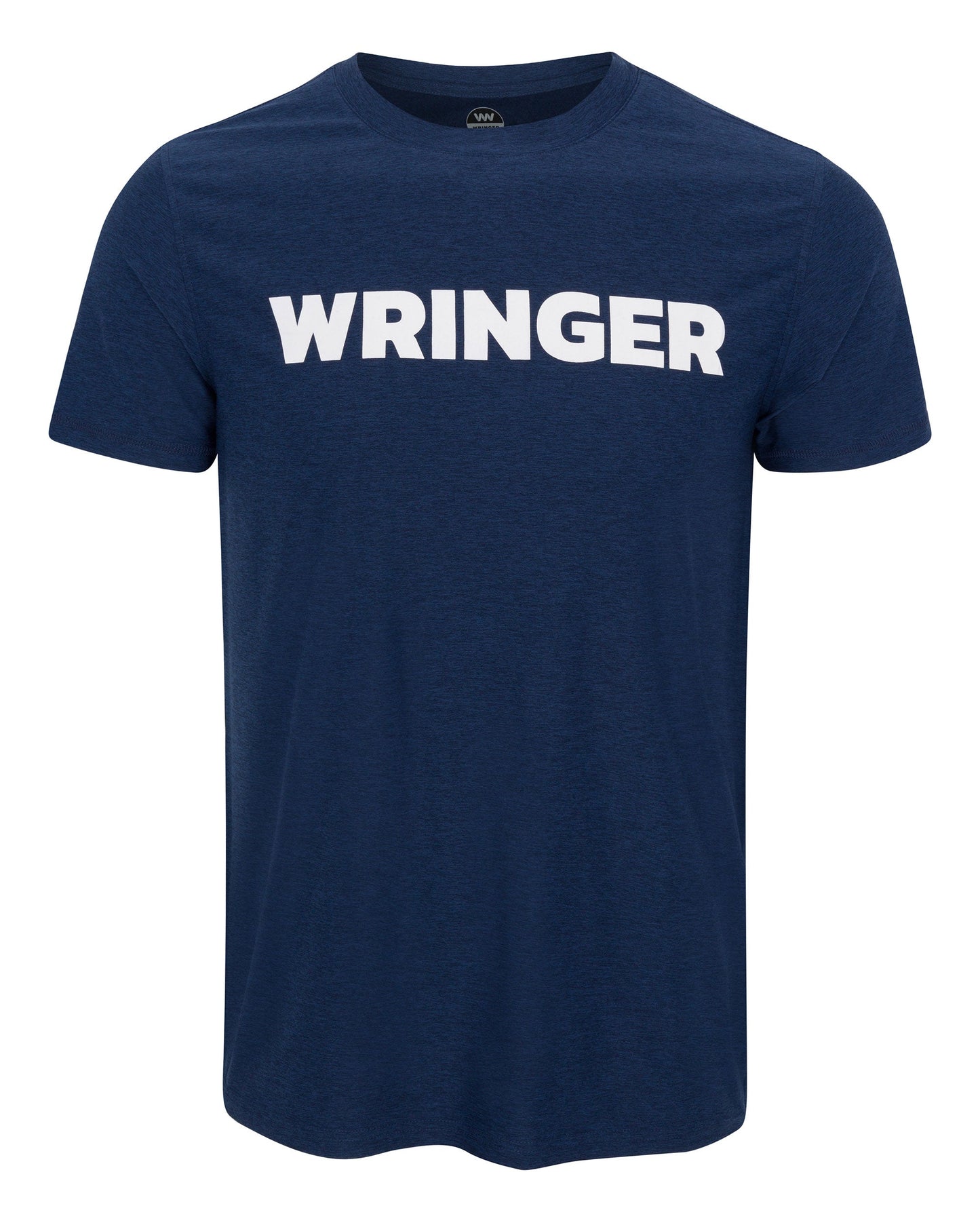 The Men's Short Sleeve WRINGER T-shirt by Wringer Wear features bold white "WRINGER" lettering on navy blue, with a crew neckline and athletic fit. Displayed on a plain white background.