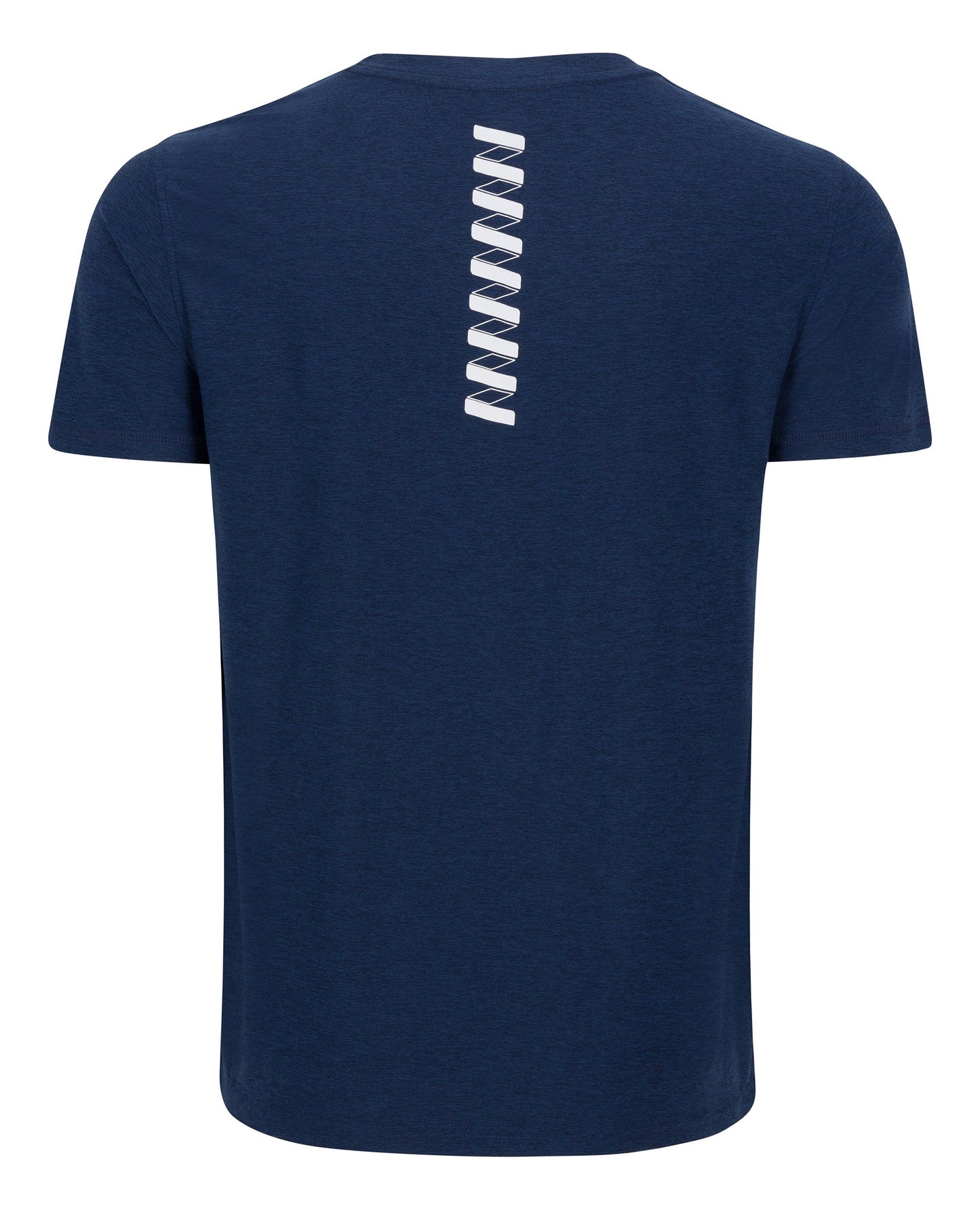Shown from the back, the Men's Short Sleeve WRINGER T-shirt by Wringer Wear is navy blue with an athletic fit. A white zigzag graphic is vertically centered below the neckline, while the rest of the shirt remains plain.