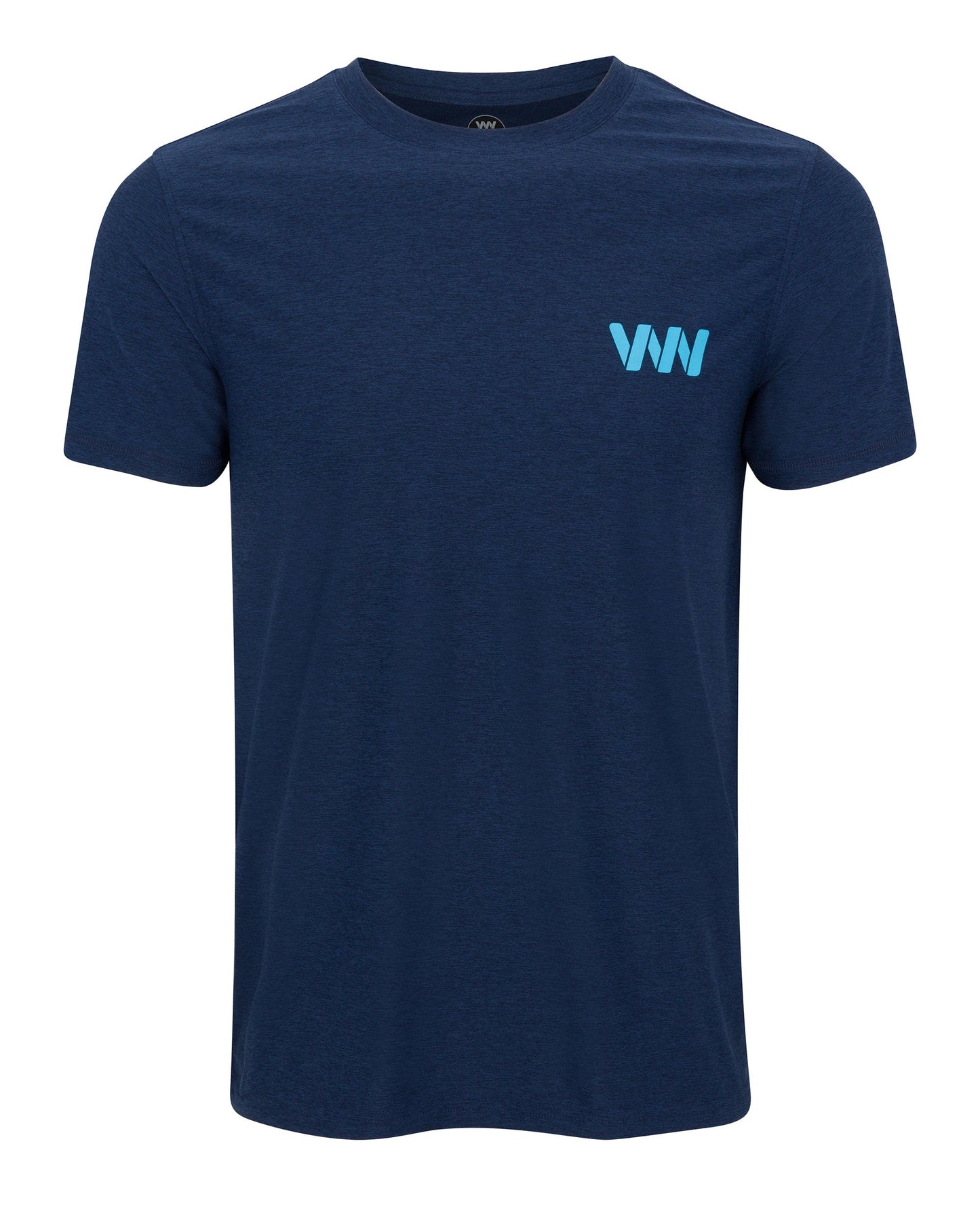 The Men's Short Sleeve Logo T-shirt by Wringer Wear features a plain navy blue design with short sleeves, a round neck, and a light blue VNN Wringer logo in bold font on the left chest, displayed against a white background.