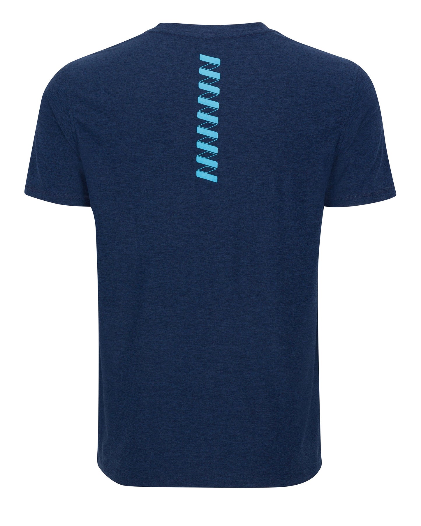 The Men's Short Sleeve Logo T-shirt by Wringer Wear is navy blue and fitted, featuring a subtle light blue vertical zigzag design near the back neckline—an ideal athletic shirt with a distinctive Wringer touch.