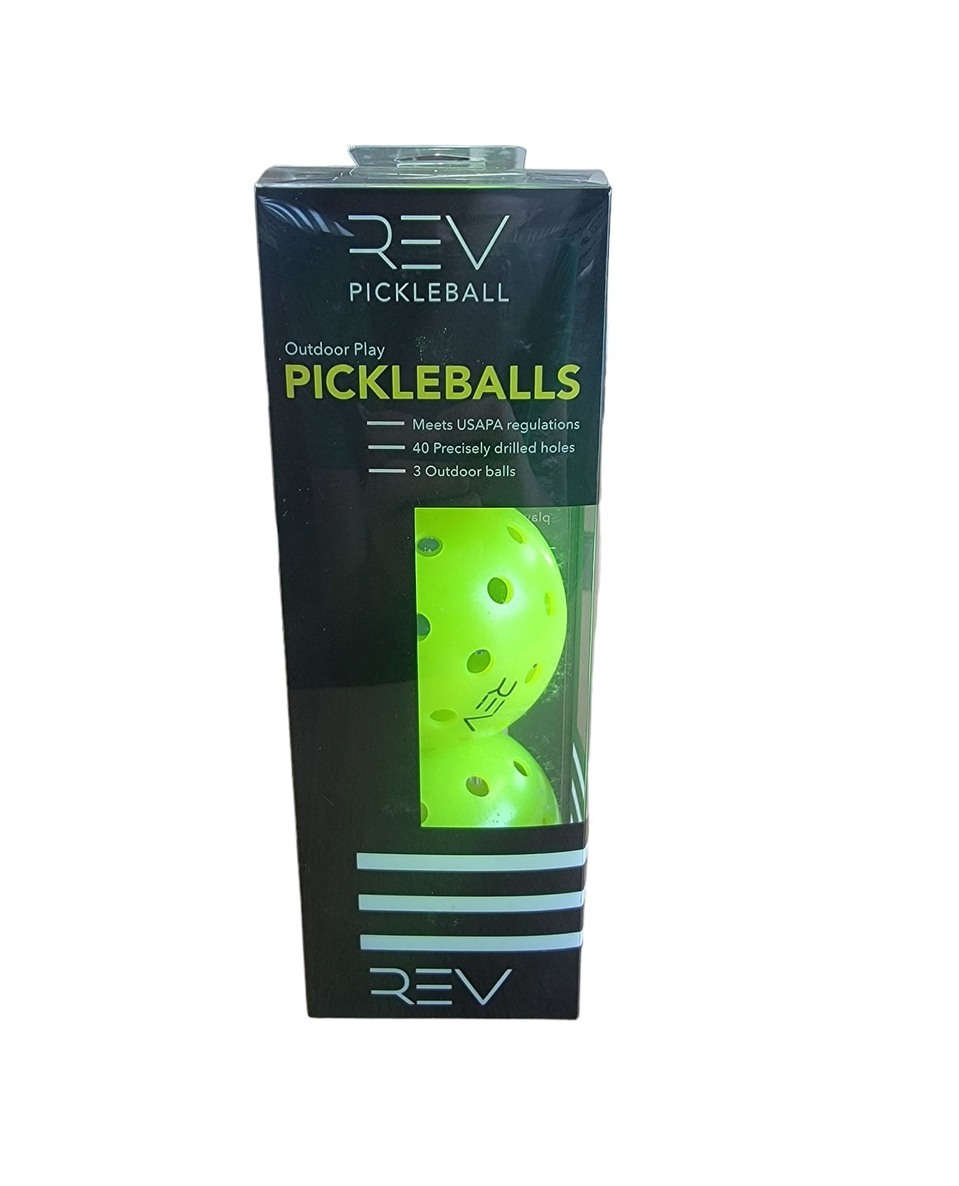 A black rectangular Pro Pack by REV Pickleball displays three bright green pickleballs with 40 holes. The front reads "Outdoor Play Pickleballs" and notes they meet USAPA regulations.