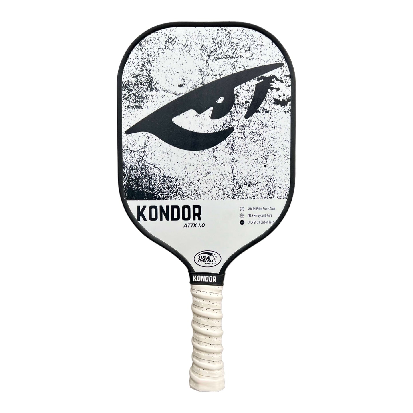 The KONDOR PICKLEBALL ATTK 1.0 pickleball paddle features a black and white design with a bold abstract eye logo, an elongated textured grip for comfort, and a honeycomb core for responsive play.