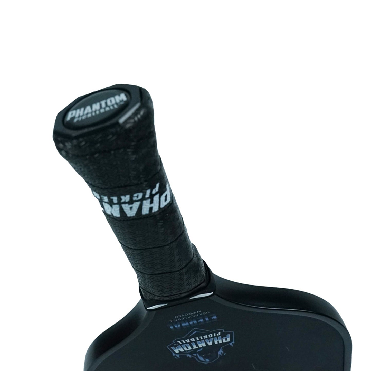 Close-up of the Phantom Eternal 14MM T700 Carbon Fiber Pickleball Paddle by Phantom Pickleball, showing its textured black grip with PHANTOM in white and the paddle face bearing the Phantom Pickleball logo and mask—great for beginners.