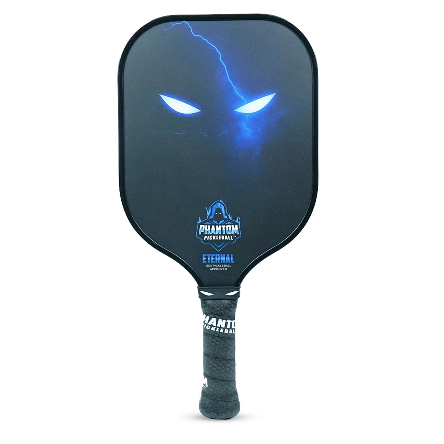 The Phantom Eternal 14MM T700 Carbon Fiber Pickleball Paddle by Phantom Pickleball features glowing blue eyes, a lightning bolt, the “Phantom Pickleball” logo and “Eternal” text in blue and white, plus a textured black grip with tape.