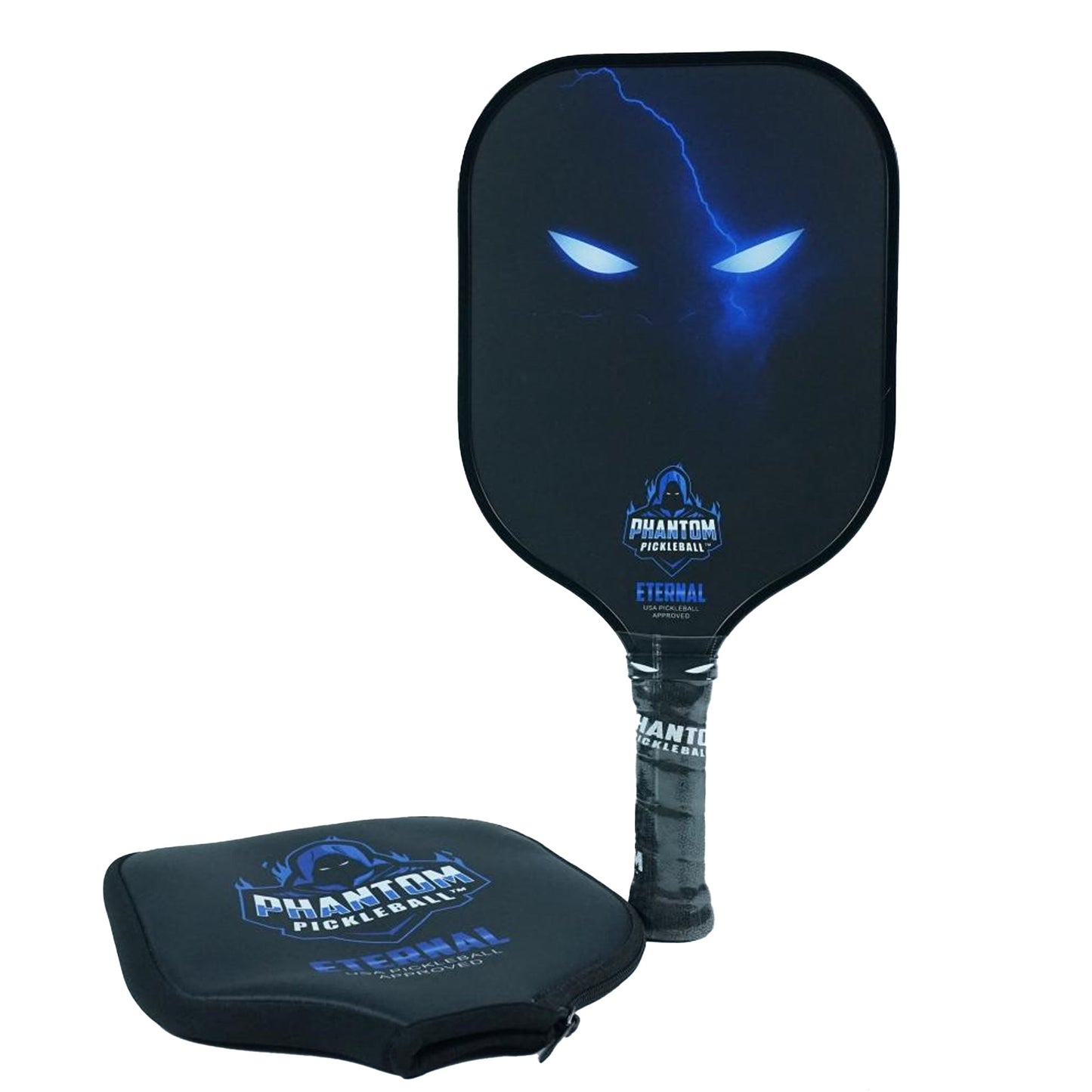 The Phantom Eternal 14MM T700 Carbon Fiber Pickleball Paddle by Phantom Pickleball features a black design with glowing blue eyes, a subtle lightning motif, and matching cover displaying the Phantom Pickleball logo and “Eternal.”.