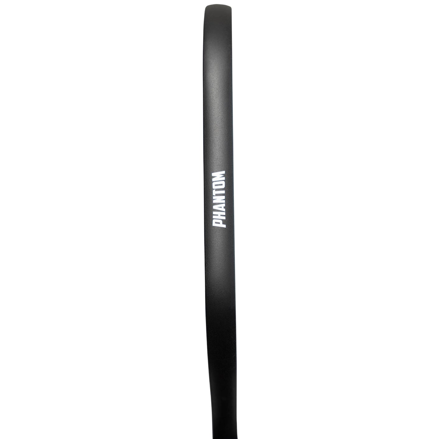 Side view of the Phantom Pickleball Phantom Eternal 14MM T700 Carbon Fiber Paddle with Cover in black, featuring "PHANTOM" in white vertical letters on the frame, shown against a white background to highlight its slim profile.