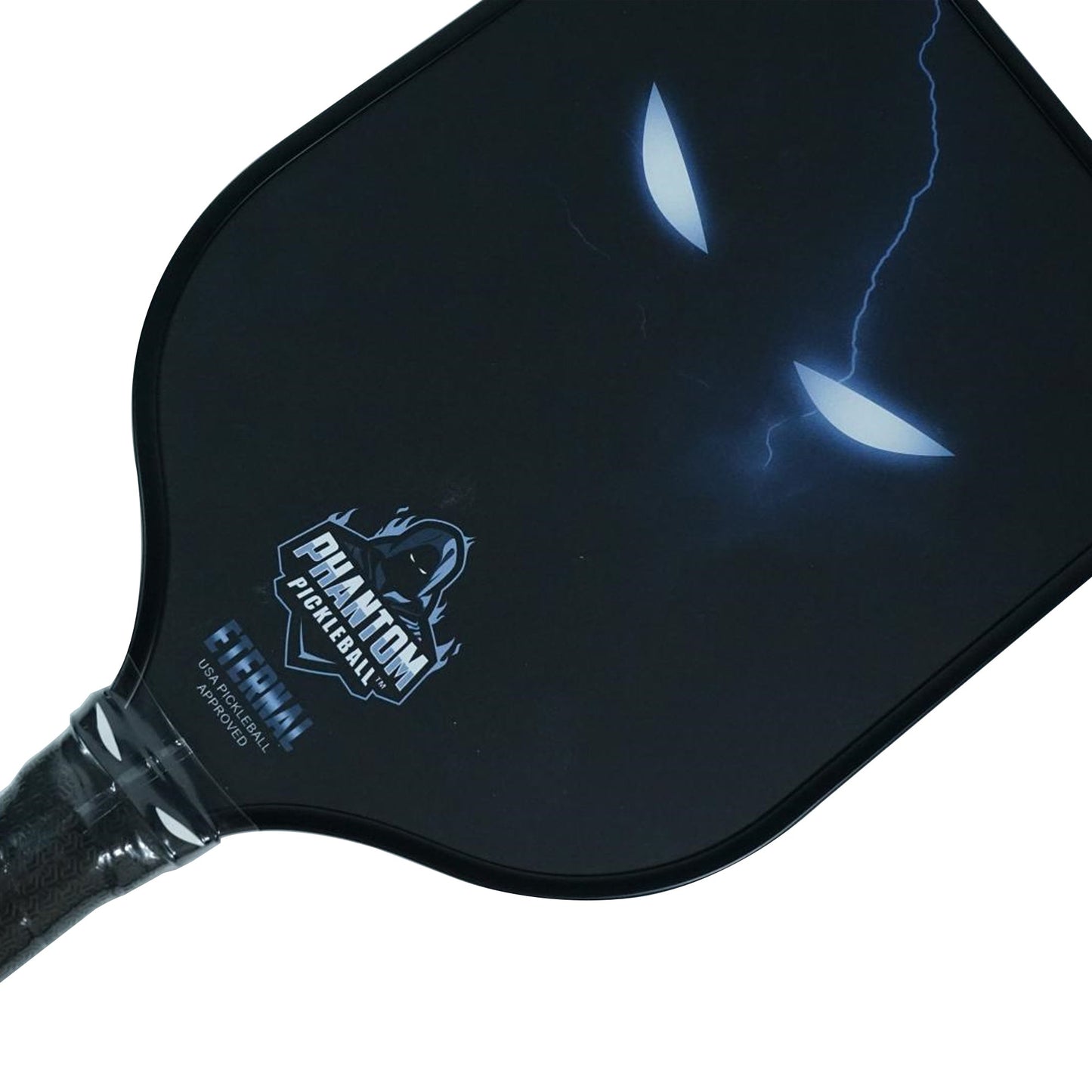 The Phantom Eternal 14MM T700 Carbon Fiber Pickleball Paddle by Phantom Pickleball features glowing cat-like eyes, a lightning streak, and a ghostly logo above “Revival,” plus a textured dark grip. Includes cover.