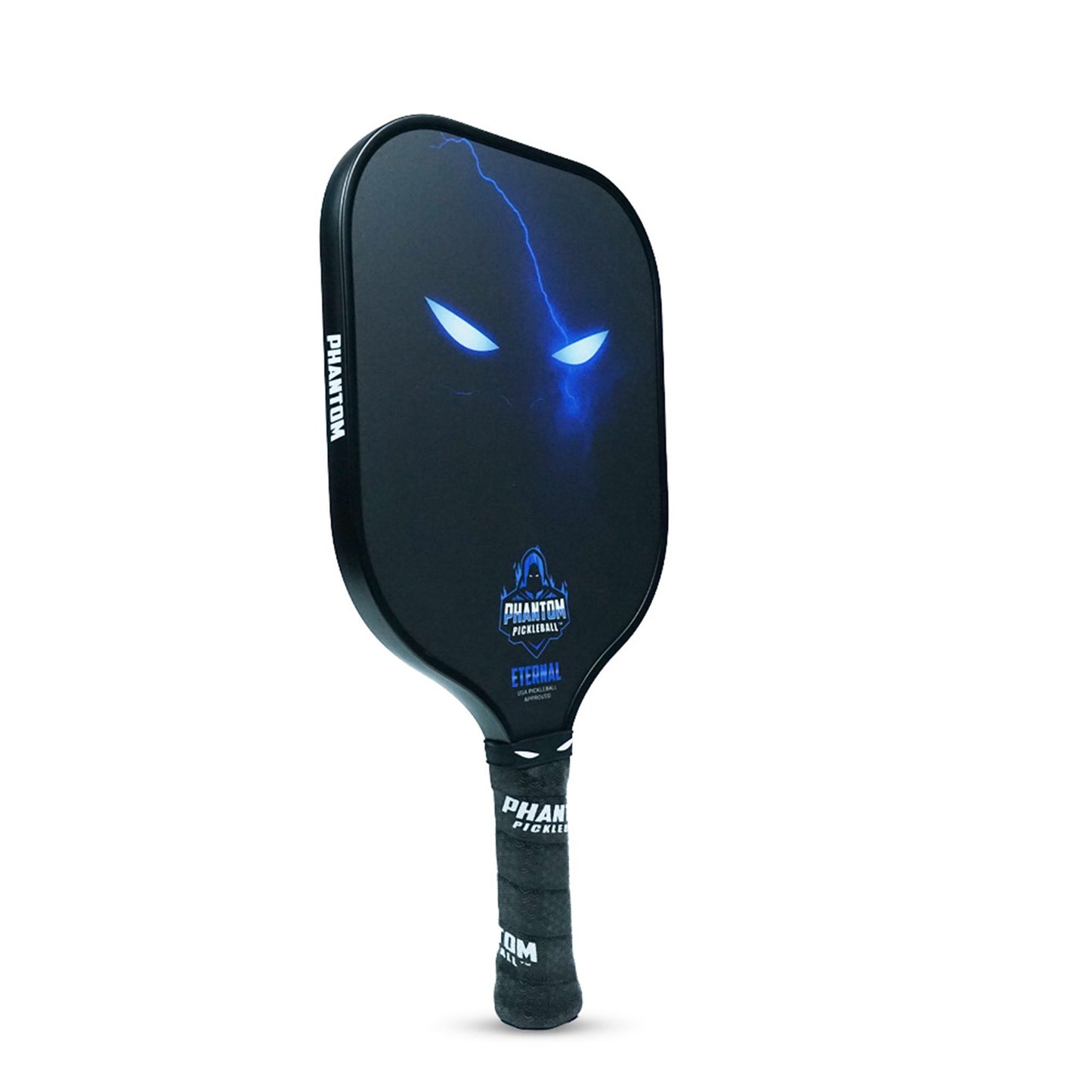 The Phantom Pickleball Eternal 14MM T700 Carbon Fiber Paddle features a black design with glowing blue eyes, a lightning bolt, "PHANTOM" in white on the edge and handle, and a Phantom Pickleball Eternal logo near the throat. Includes cover.