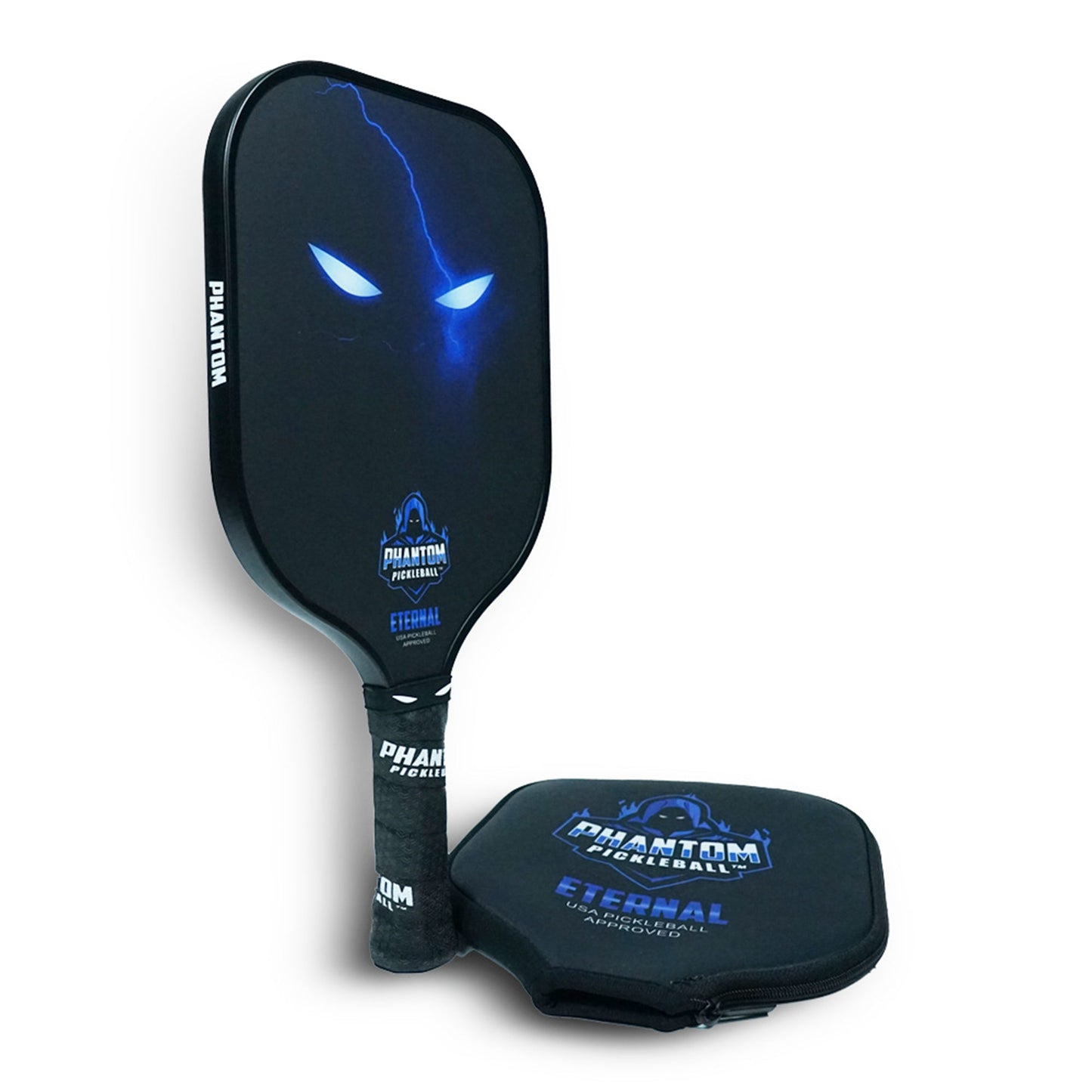 The Phantom Eternal 14MM T700 Carbon Fiber Pickleball Paddle by Phantom Pickleball features black design with blue eye graphics, blue lightning, and PHANTOM PICKLEBALL text above a skull logo. The matching cover repeats the design on a white background.