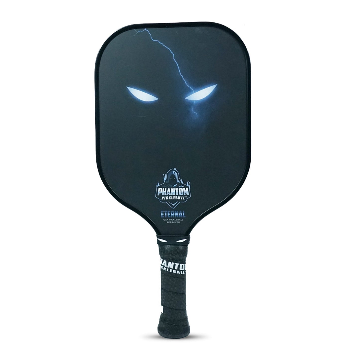 The Phantom Eternal 14MM T700 Carbon Fiber Pickleball Paddle by Phantom Pickleball features a black design with glowing eyes, lightning bolt, and ominous face graphics, plus a cover—ideal for beginners. "Phantom Pickleball" and "Eternal" are displayed near the neck.