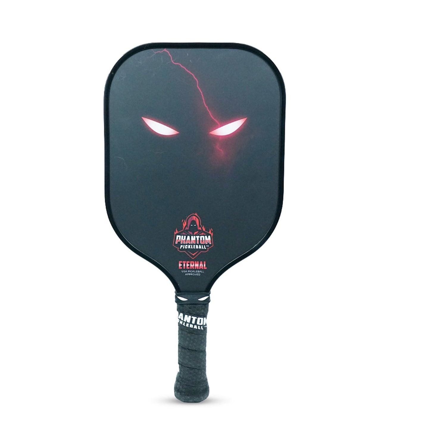 The Phantom Eternal 14MM T700 Carbon Fiber Pickleball Paddle by Phantom Pickleball features a black design with glowing red eyes, a red lightning bolt, “Phantom Pickleball” and “Eternal” text, and a black grip for a mysterious, intense look. Includes cover.