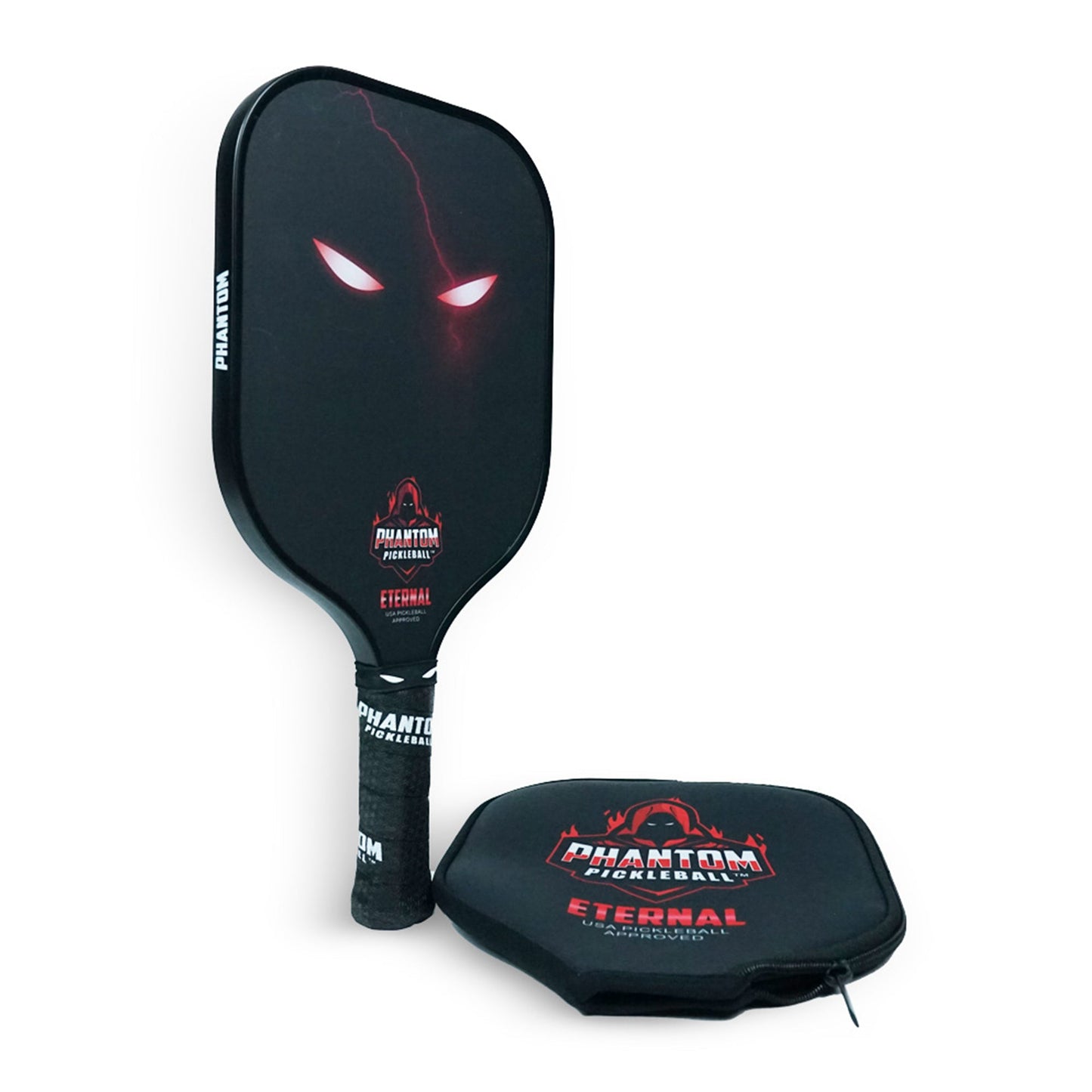 The Phantom Eternal 14MM T700 Carbon Fiber Pickleball Paddle by Phantom Pickleball stands upright with glowing red eyes and a lightning streak, next to its matching black cover. Both feature the Phantom Pickleball logo and Eternal branding in red and white.