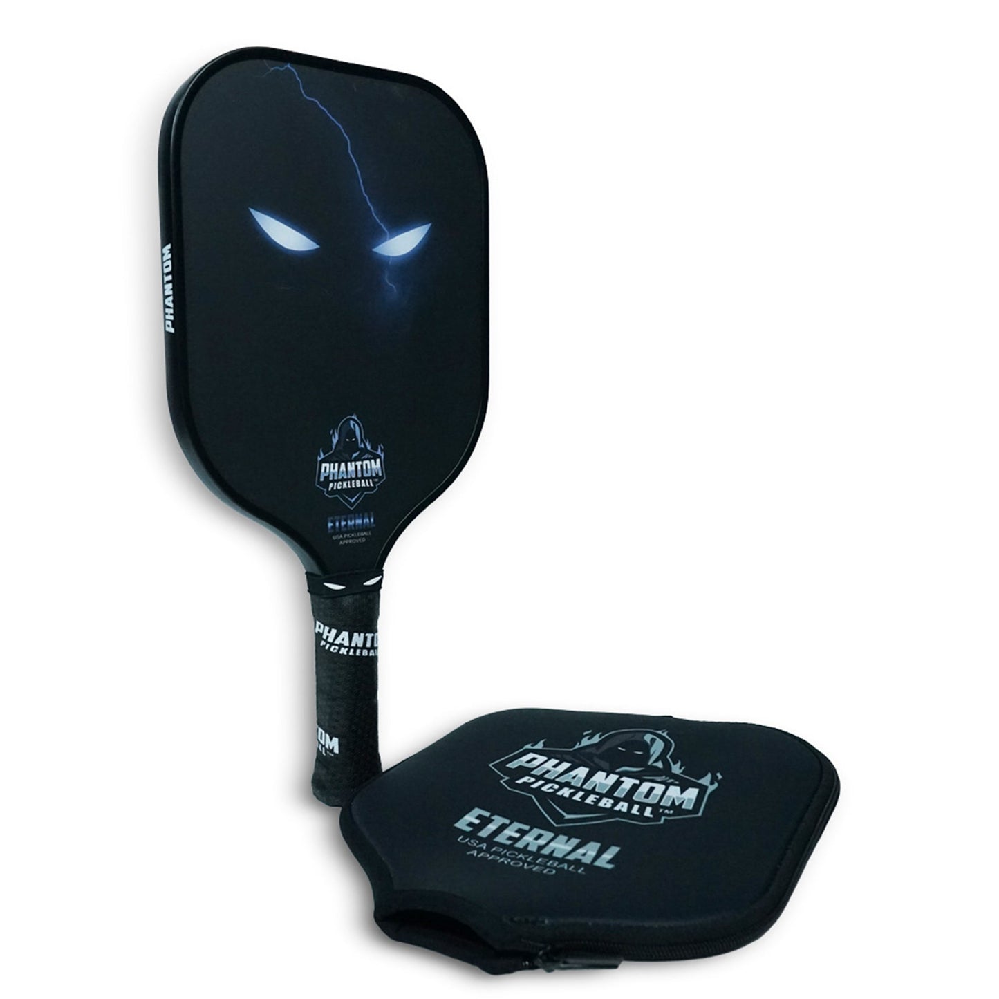 The Phantom Pickleball Eternal 14MM T700 Carbon Fiber Paddle features a black design with glowing eyes and a faint face, plus “Phantom Pickleball Eternal” near the handle. It includes a matching black zippered cover with the same label.
