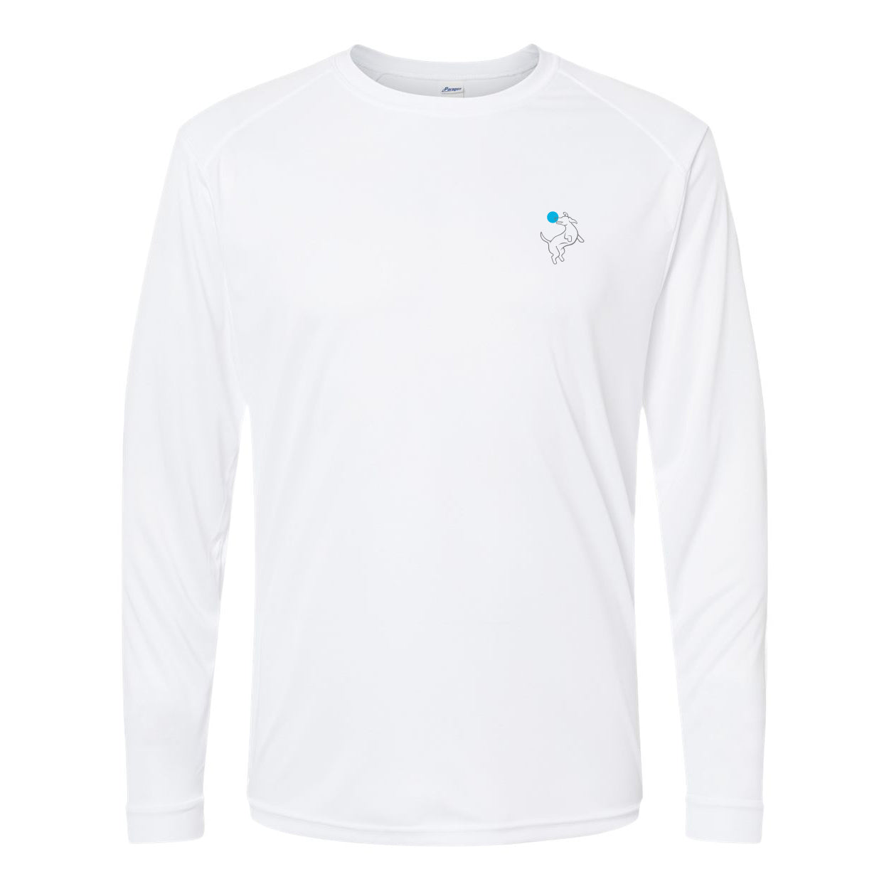 The Pickle Pickle Ball Y'all long-sleeve water shirt by Swinton Pickleball features a small dog outline playing with a blue ball on the chest, a minimalist design, and UPF 50+ sun protection.