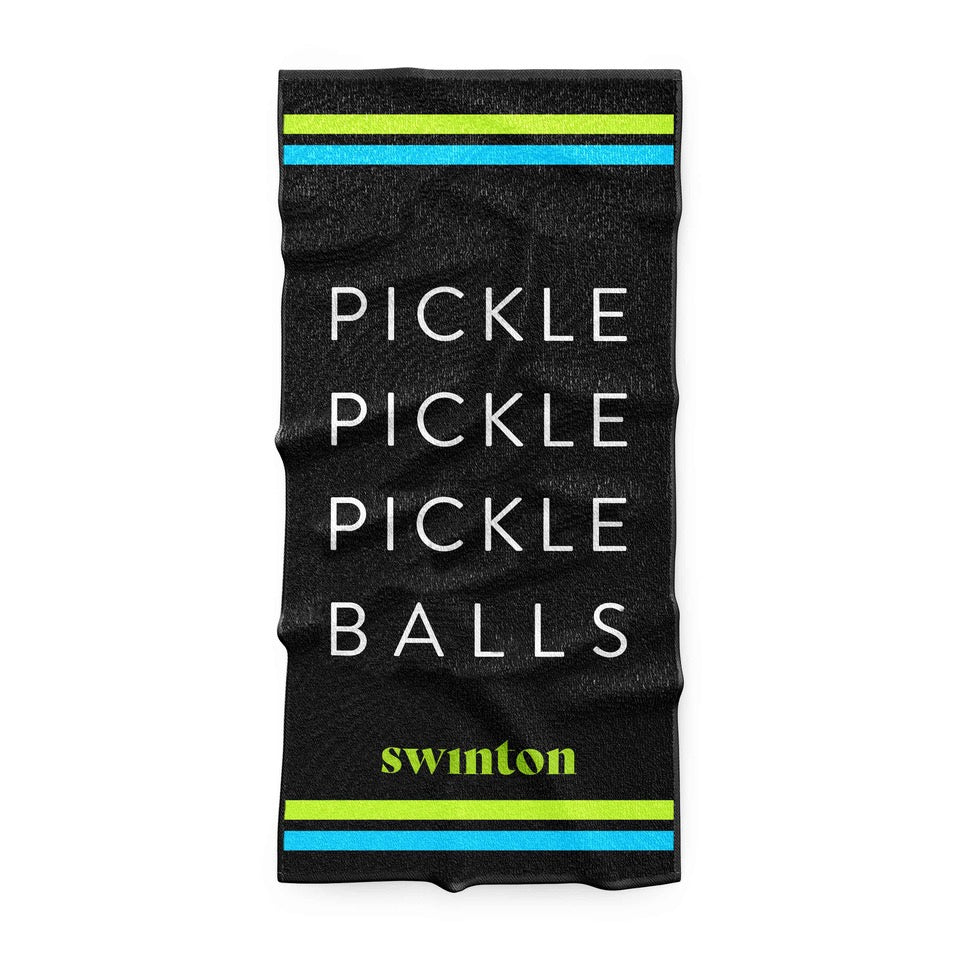 The Swinton Pickleball Sports Towel Black features thin turquoise and yellow-green stripes and “PICKLE PICKLE PICKLE BALLS” in white with “swinton” in bright yellow-green. This microfiber towel is ideal for pickleball players.