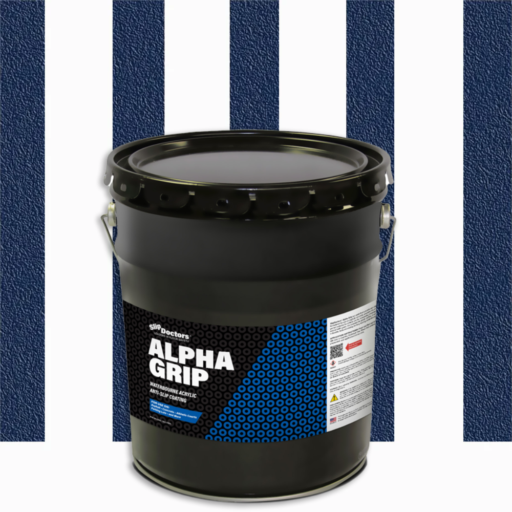 A large black bucket labeled "Alpha Grip Non-Slip Stripe and Athletic Court Paint" by SlipDoctors sits before a backdrop of alternating blue textured and white vertical stripes, featuring a blue dotted pattern and detailed label text.