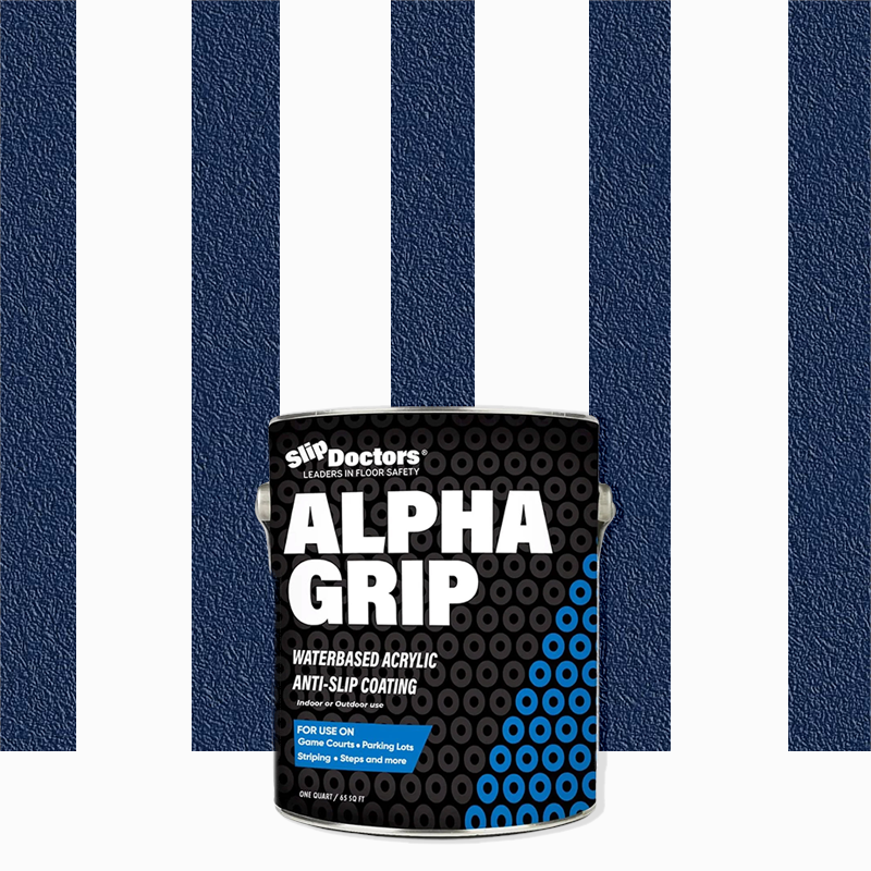 A can of SlipDoctors Alpha Grip Non-Slip Stripe and Athletic Court Paint is centered on alternating navy blue textured and white stripes, with a black label featuring blue dots, bold white text, and blue sections for usage details.