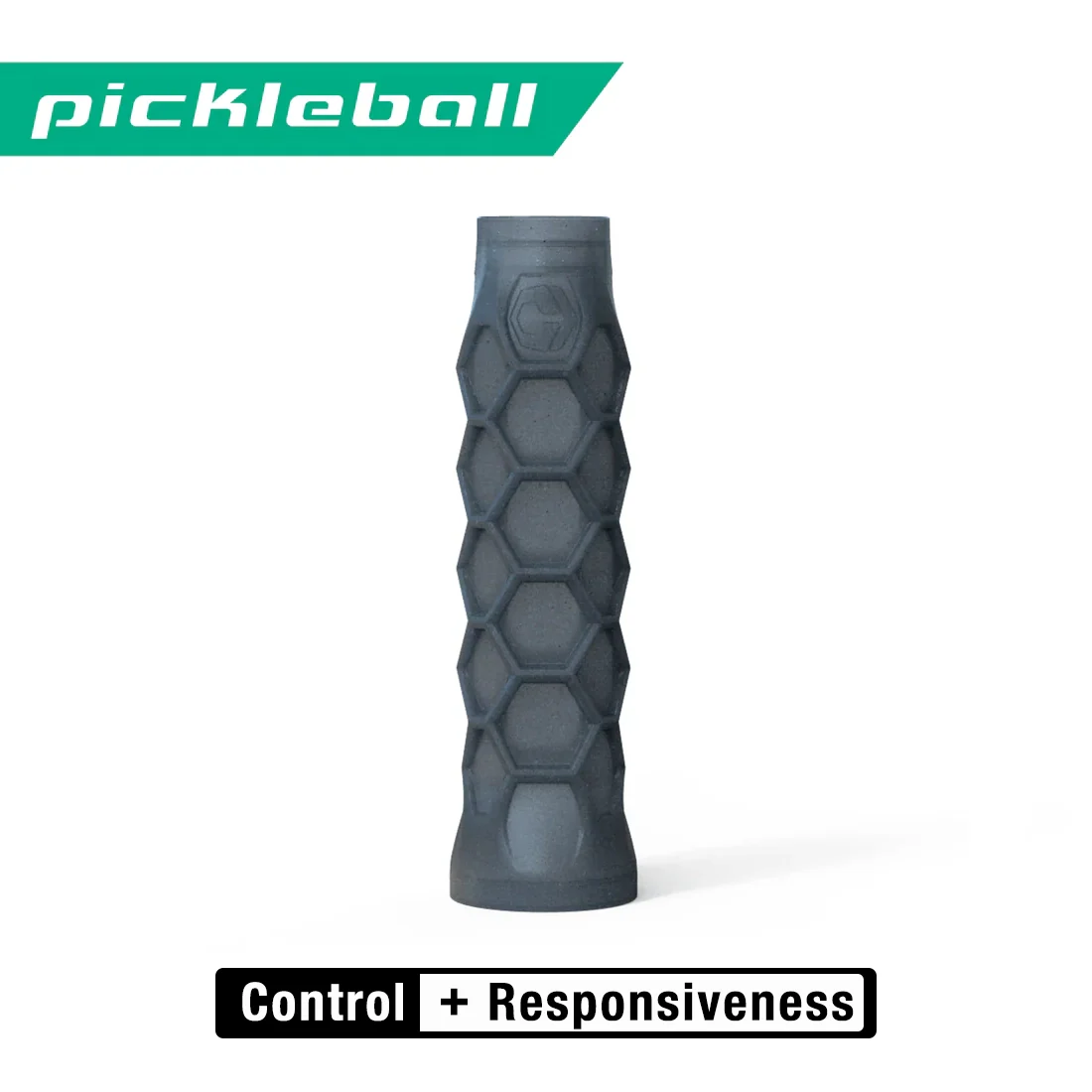A Hesacore Grip Pickleball Carbon Grip, 5.25 inches long with a stiff feel and charcoal hexagon texture, stands upright on a white background. The ergonomic handle features a green pickleball logo and a label reading Control + Responsiveness.