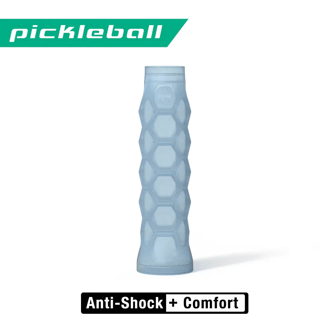 A light blue Hesacore Grip Pickleball Gel Grip, 5.25 inches long and soft to the touch, stands upright on a white background. "Pickleball" is in a green banner at the top left, with Anti-Shock + Comfort labeled at the bottom.