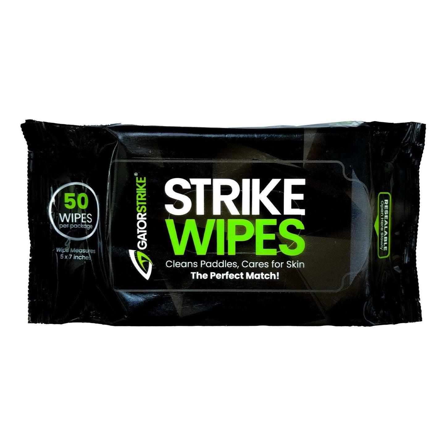 A black packet labeled “GATORSTRIKE™ Paddle Wipes” by GATORSTRIKE, featuring 50 alcohol-free wipes per pack. Designed for cleaning paddles and skin care. Slogan: “Cleans Paddles, Cares for Skin. The Perfect Match!”.