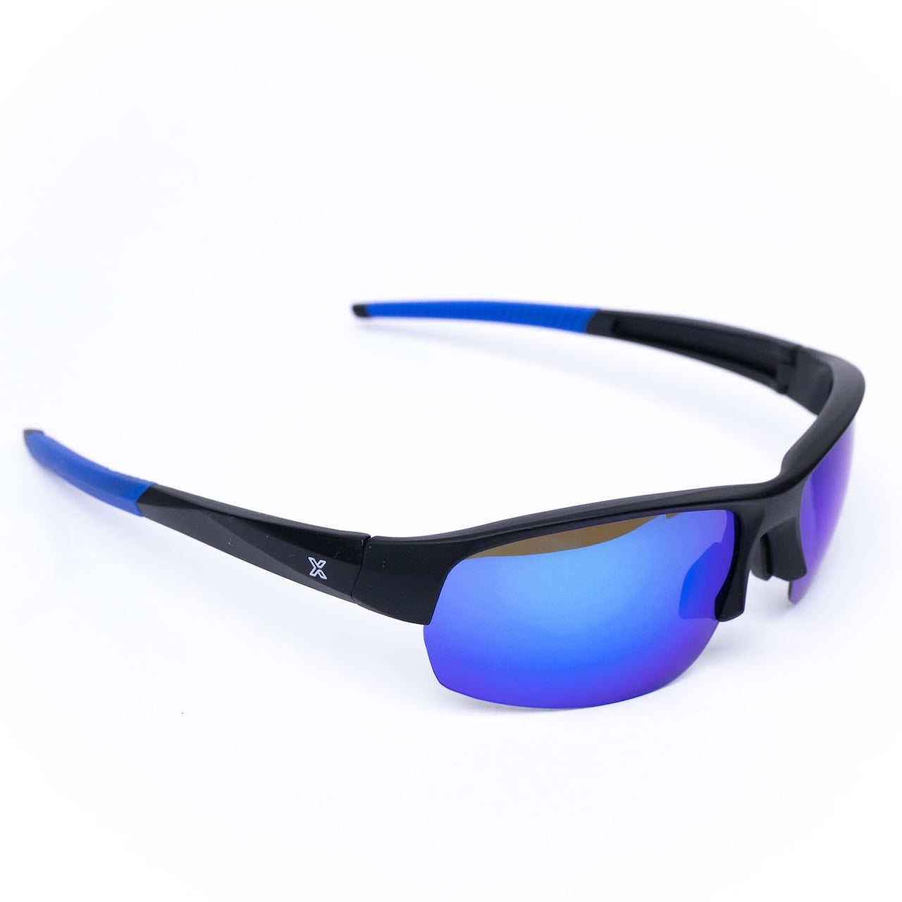 The body helix Pickleball Glasses feature sporty blue mirrored semi-rimless lenses, a black frame with blue rubberized temple tips, and a small white logo on the left arm—offering stylish eye protection for the court.