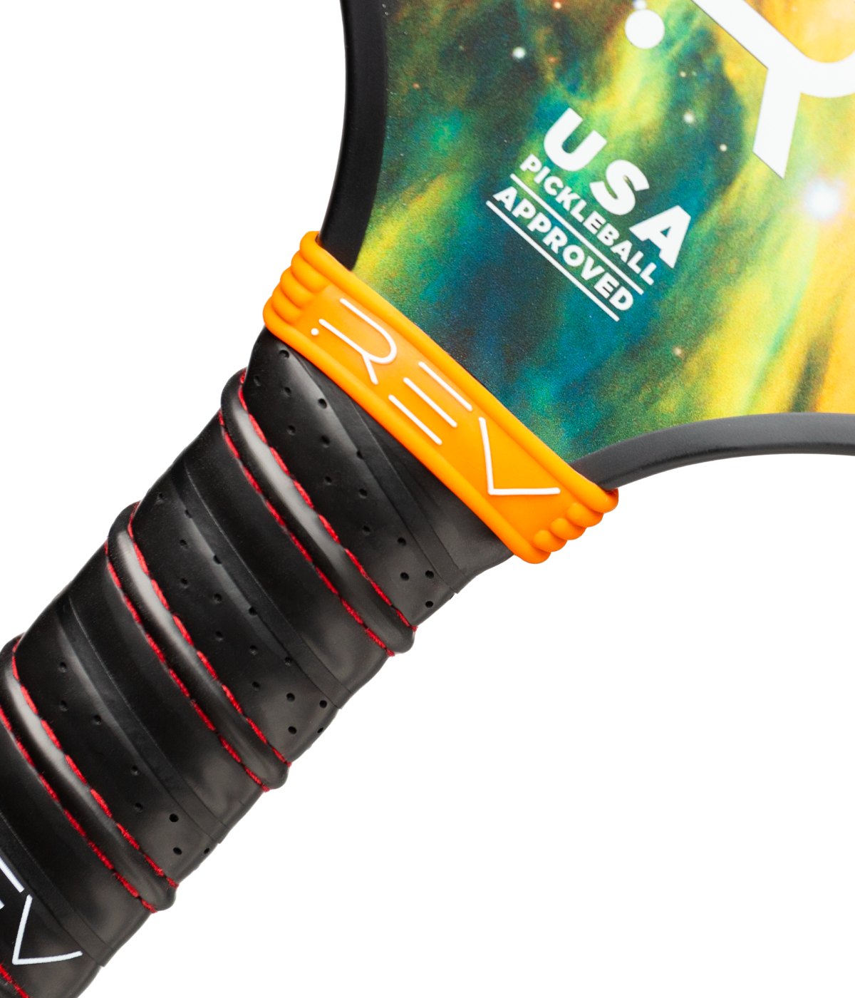 Close-up of the NEBULA Pickleball Paddle handle by REV Pickleball, wrapped in black grip tape with red stitching, an orange "REV" band, "USA Pickleball Approved" text, a vibrant abstract background, and a durable honeycomb core.