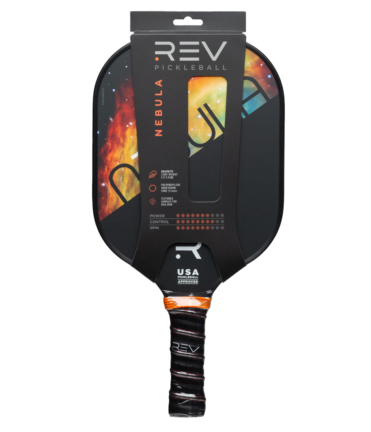 The REV Pickleball NEBULA Pickleball Paddle boasts a cosmic orange, yellow, and dark space design. This lightweight paddle delivers power, control, spin, and features a honeycomb core—all USA approved and shown on the face and packaging.