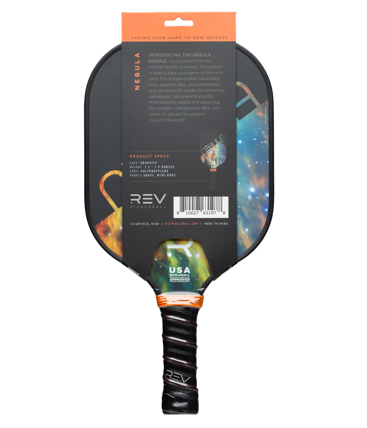 The REV Pickleball NEBULA Pickleball Paddle is a lightweight beginner paddle with a galaxy-themed design and "NEBULA" on the handle. An orange card highlights its graphite face, honeycomb core, barcode, and USA approval logo.