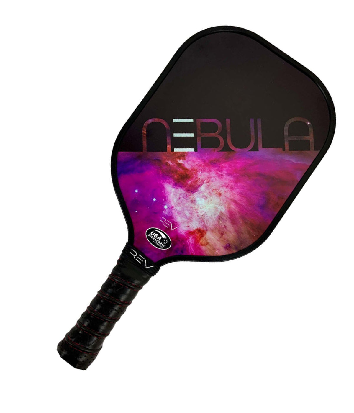 The NEBULA Pickleball Paddle by REV Pickleball features a lightweight build, black grip, vibrant pink and purple nebula design, bold NEBULA text on top, and a honeycomb core for excellent performance for all levels.