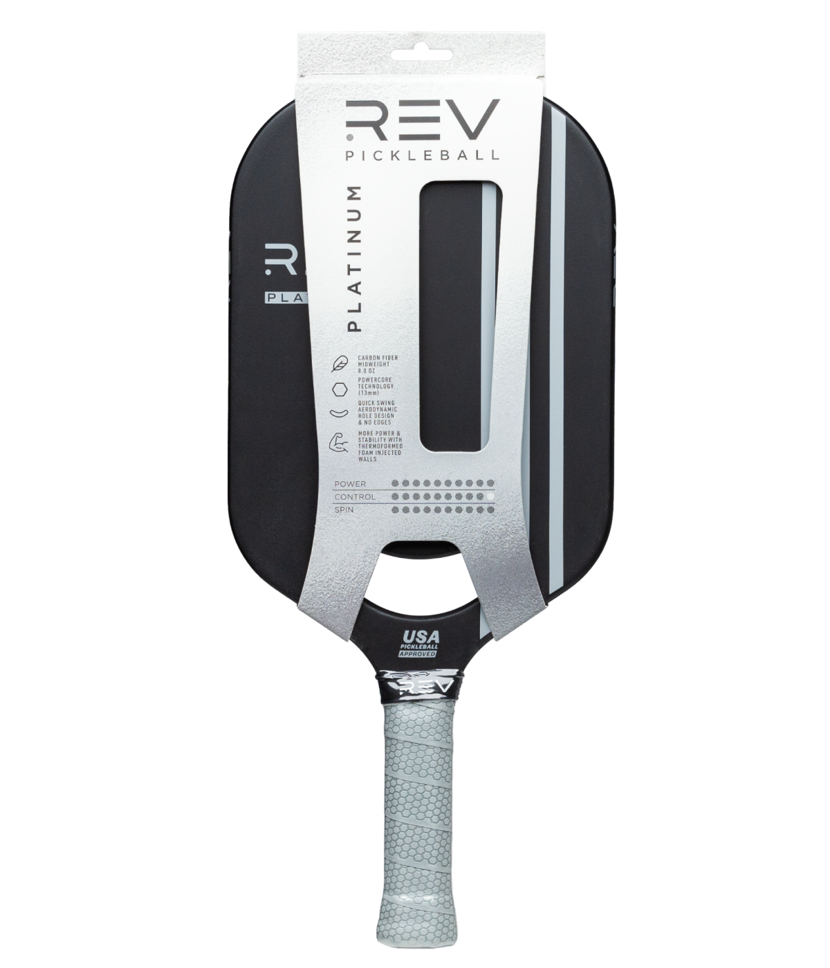 The REV Pickleball PLATINUM Pickleball Paddle has a carbon fiber edgeless design in black and silver packaging, with paddle details, a textured light gray grip handle, and “USA Pickleball Approved” above the handle.