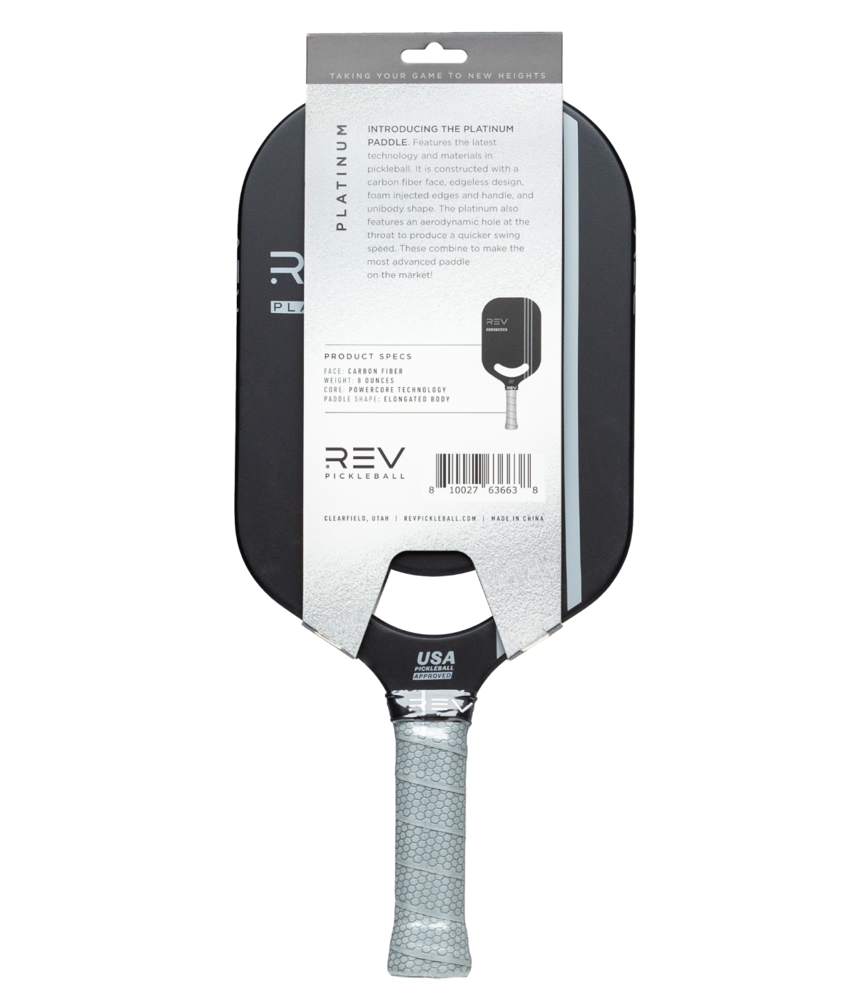 A black PLATINUM Pickleball Paddle by REV Pickleball is shown from the back with gray grip tape and a product info card with specs. Above the grip is the USA Pickleball Approved logo. The paddle features an edgeless design.